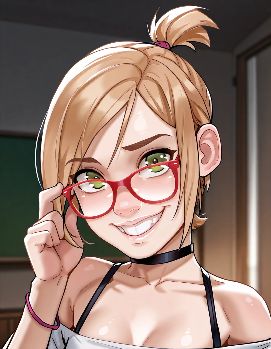 <lora:DarcyIllustrious1.0JLFO:1> darcy, glasses, 1girl, red-framed eyewear,short ponytail, short hair, blonde hair, teeth, breasts, smile, choker, green eyes, small breasts, looking at viewer