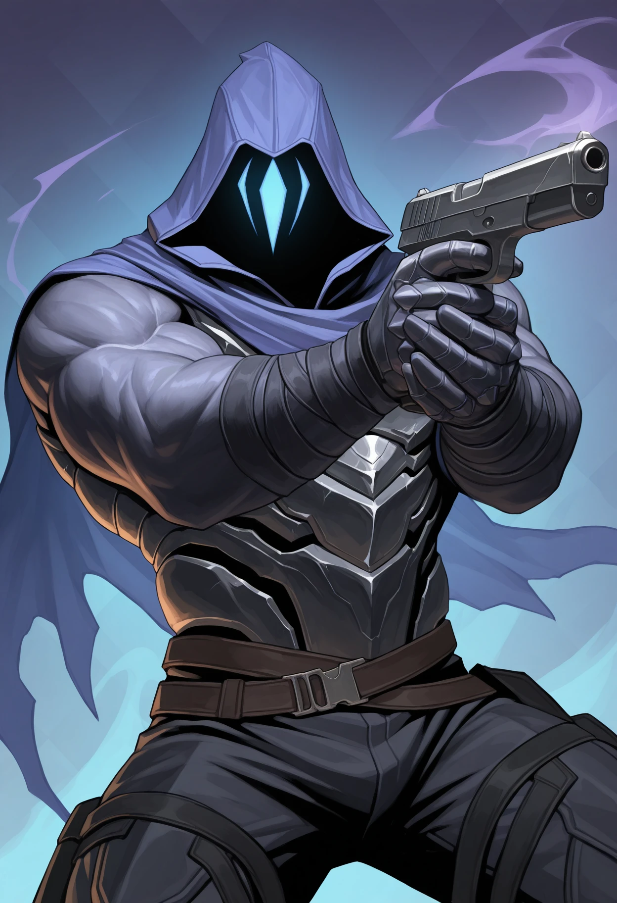 solo, dynamic pose, purple fog, omen, hood, shadow, abstract background, holding weapon, handgun, aiming, male focus, muscular, belt, armor, detailed, perfect anatomy, masterpiece, high quality, best quality, highres, aesthetic <lora:Omen_Valorant_V1_ILXL:0.8> <lora:detailed_notrigger:1>