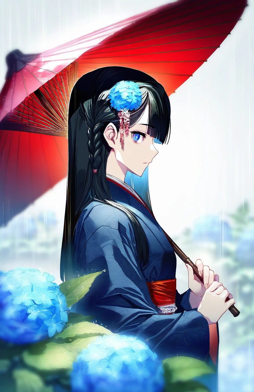 masterpiece,best quality,amazing quality,very aesthetic,absurdres,newest,impactful picture,offcial art,movie perspective,
lobelia \(doa\),long hair, asymmetrical bangs, single braid, side braid,looking at viewer,blue hair,
artist:carnelian:1.2,zounose,
japanese clothes, kimono, hair ornament, hydrangea, umbrella, blue eyes, hair flower, holding, blue kimono, upper body, bangs, blue flower, from side, outdoors, rain, black hair, holding umbrella, closed mouth, oil-paper umbrella, leaf, sidelocks, sunlight, profile
<lora:doa_lobelia_noobxl_vpred10_v10:1.0>