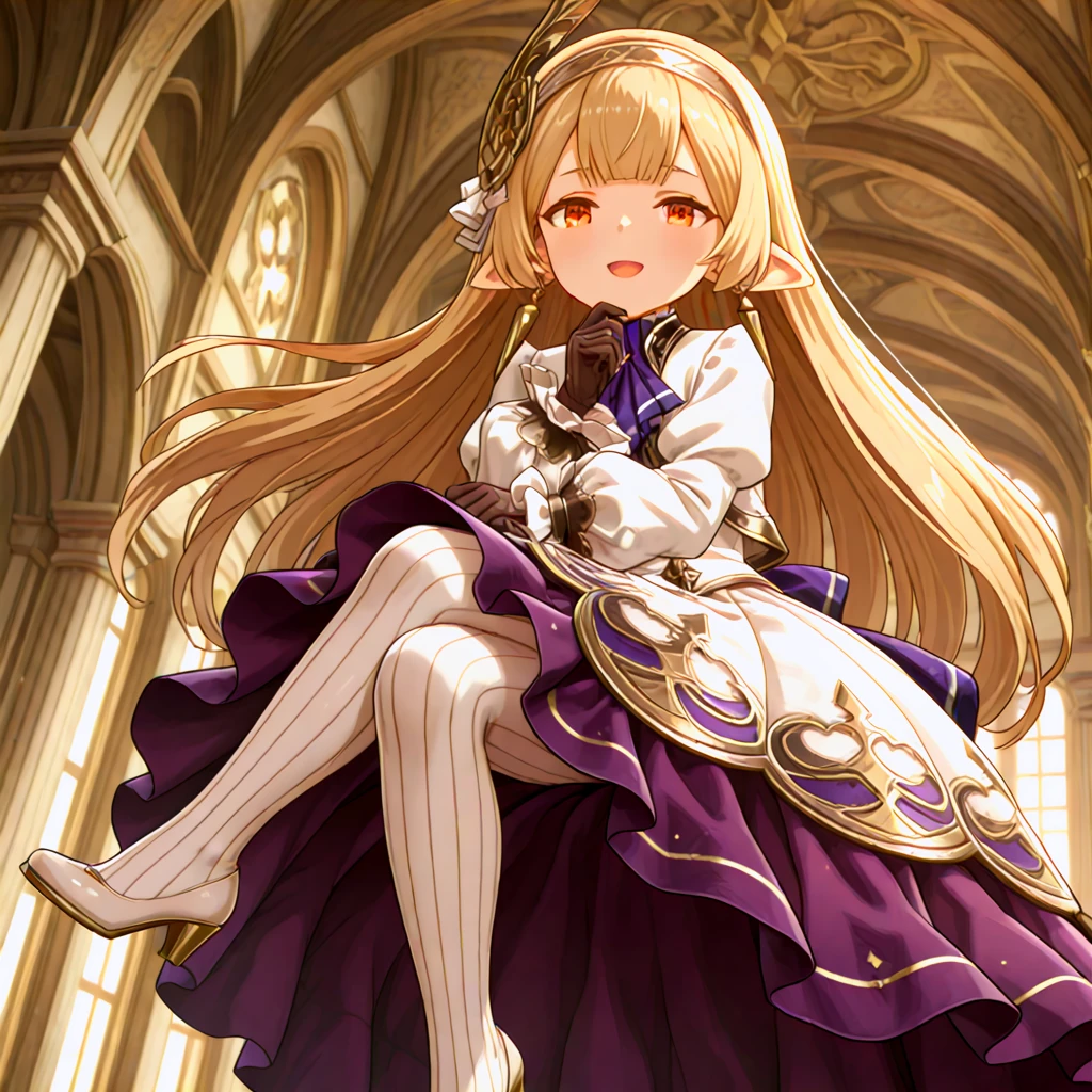 1girl,
maglielle, blonde hair, orange eyes, white dress, earrings, hairband, hair ornament, frilled sleeves, brown gloves,puffy long sleeves, sleeves past wrists, layered dress, purple ascot, long skirt,vertical-striped pantyhose,white pantyhose,white footwear,
floating, open mouth, crossed legs, from below,evli smile,hand on own chin, 
<lora:maglielle-ilstlion:1>, masterpiece, best quality,  absurdres, highres, <lora:dmd2_sdxl_4step:1>