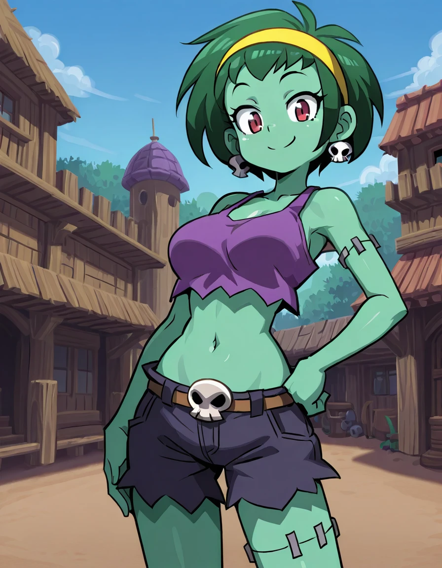 <lora:RottyTopsIllustrious1.0JLFO:1> rottytops, solo, yellow hairband, 1girl, green skin, green hair, short hair, skull earrings, zombie, purple tank top, midriff, shorts, stitches, smile, breasts, red eyes, looking at viewer,hand on hip, cowboy shot,outdoors,