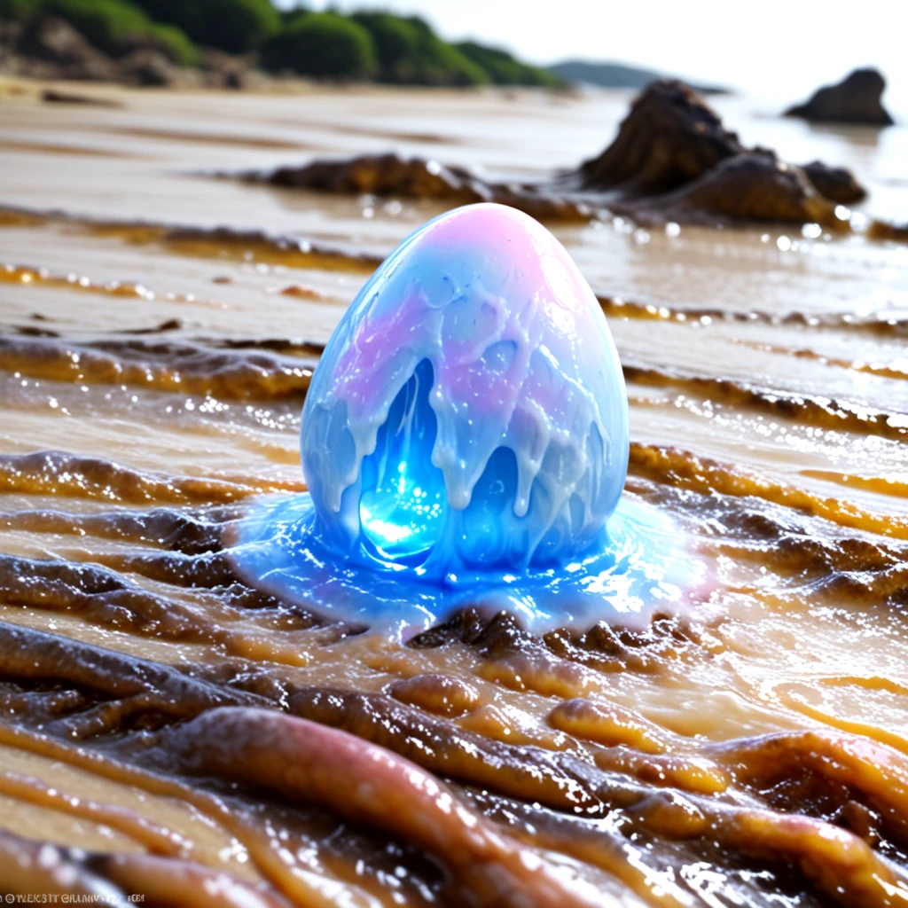 <lora:HNNM_IL_v4:0.7>, solo, simple_background, white_background, outdoors, food, day, shiny, water, blurry, dated, no_humans, sparkle, depth_of_field, blurry_background, glowing, ocean, watermark, beach, scenery, light_particles, water_drop, rock, realistic, fantasy, sand, transparent, egg, bokeh, bone, waves, slime_(substance), food_focus, still_life, melting, slime_(creature), HNNM