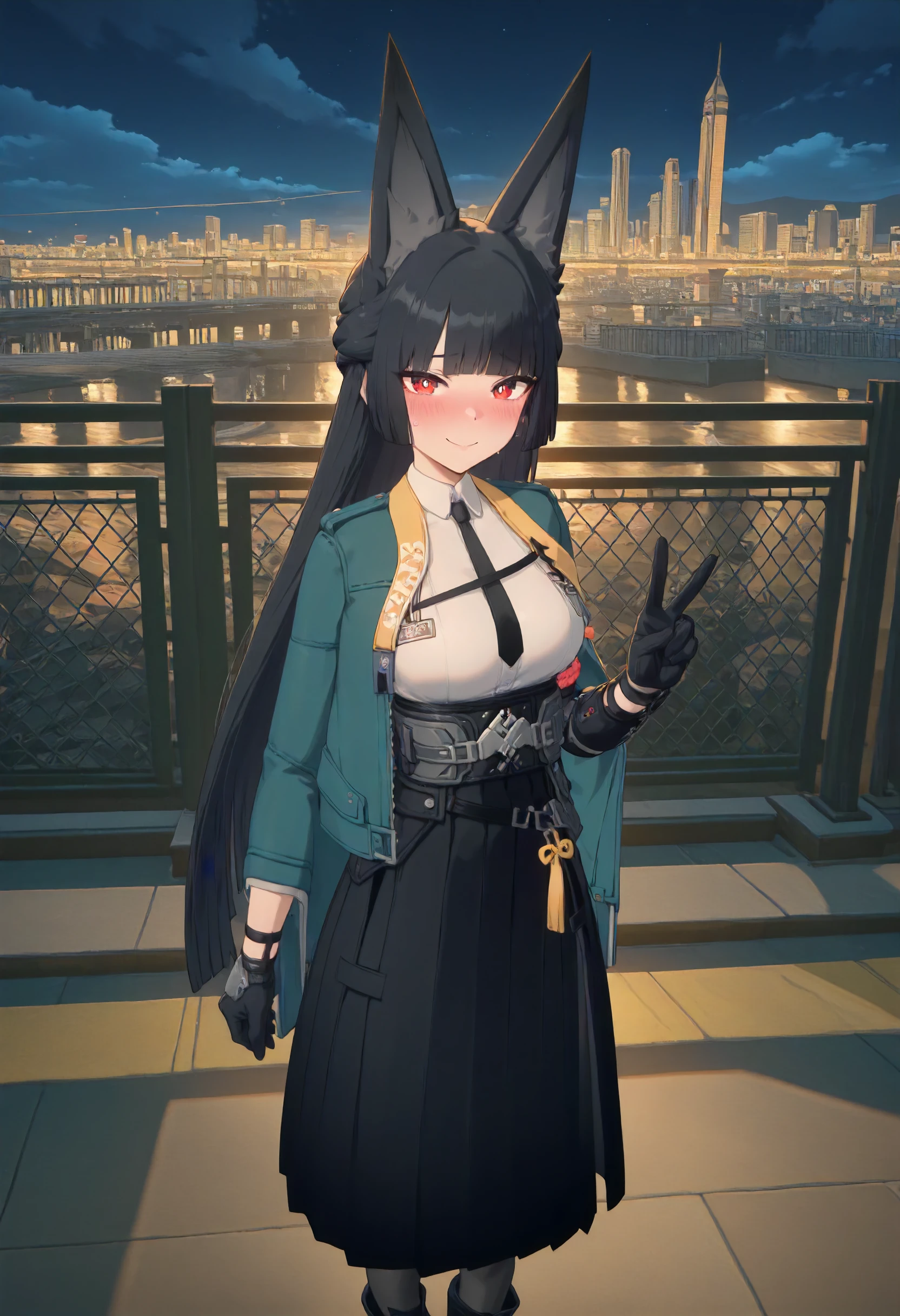 masterpiece, best quality, amazing quality, very aesthetic, absurdres, newest, scenery, volumetric lighting, perfect eyes, ultra detailed,
1girl, Hoshimi Miyabi, solo, black fox ears, black hair, bangs, long hair, red eyes, white pupils,
green cape jacket, white shirt, black tie, belt, clasp, black gloves, long skirt, black skirt, open side skirt, pantyhose, black boots,
standing, looking at viewer, gentle smile, blushing, nervous smile, peace sign,
city, night sky, beautiful frame, backlighting,
<lora:Hoshimi_Miyabi_-_Zenless_Zone_Zero_ZZZ__Illustrious:1>
masterpiece, best quality, amazing quality, very aesthetic, absurdres, newest, scenery, volumetric lighting, perfect eyes, ultra detailed,