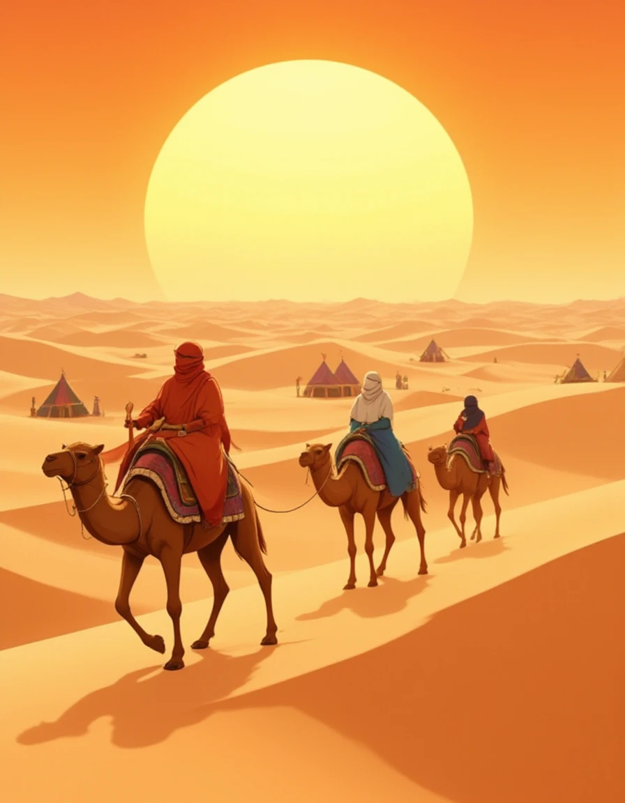 A nomadic caravan crossing a vast desert under a blazing sun, camels carrying ornate goods, with nomads wearing flowing robes and headscarves, vibrant tents in the background, sand dunes stretching endlessly., anime