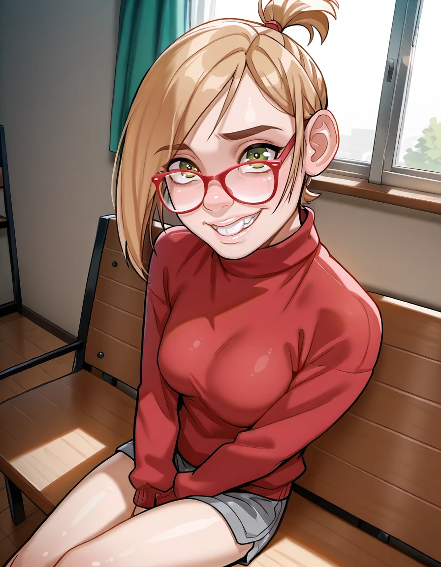 <lora:DarcyIllustrious1.0JLFO:1> darcy, glasses, 1girl,solo,  red-framed eyewear,short ponytail, short hair,green eyes, blonde hair, teeth, breasts, looking at viewer, sweater, shorts, indoors, coach, sitting,