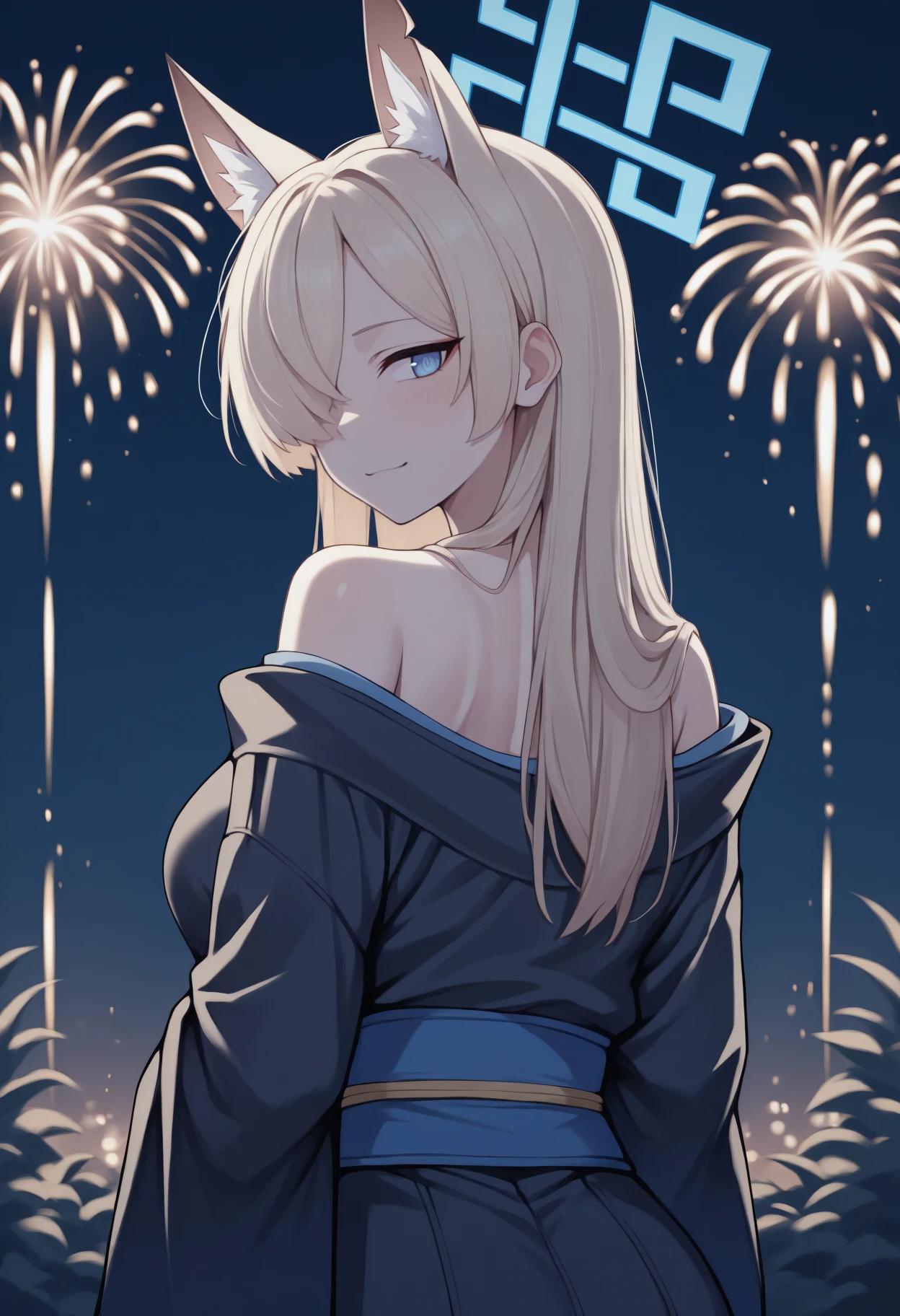 anime, masterpiece, best quality, from behind, solo, 1girl, k4nnadef, slight smile, closed mouth, looking back, long hair, blonde hair, hair over one eye, animal ears, notched ear, animal ear fluff, extra ears, blue halo, blue eyes, japanese clothes, black kimono, off shoulder, blue sash, bare shoulders, outdoors, night, fireworks
<segment:yolo-Anzhc Face seg 640 v2 y8n.pt,0.4,0.5//cid=1>
