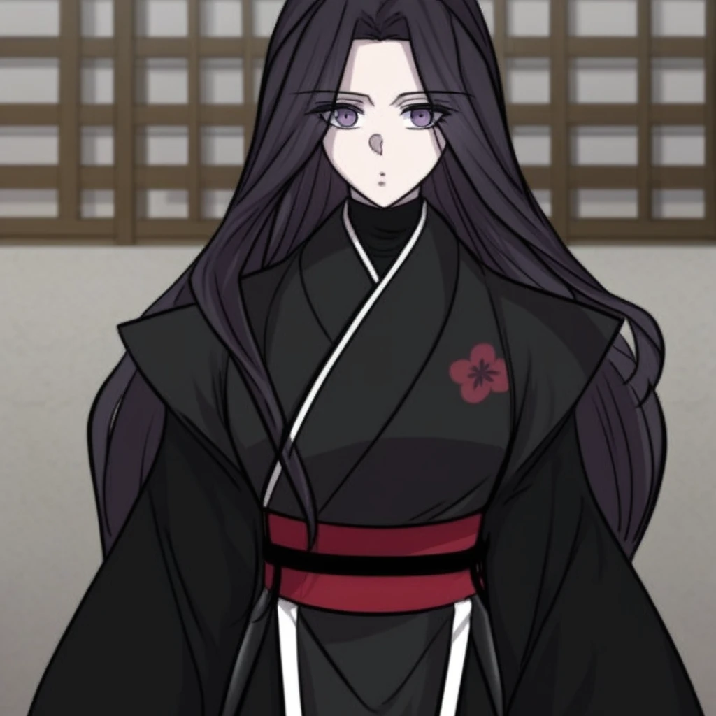 1girl, solo, long hair, black hair, purple eyes, long sleeves, japanese clothes, kimono, red sash, black kimono