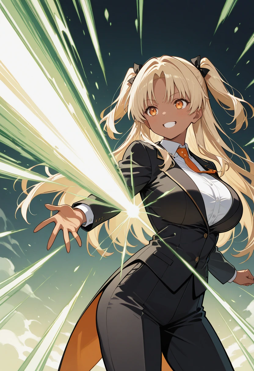 masterpiece, best quality, perfect anatomy, very aesthetic, ((outlined outlined vector graphics)), cute face, (glow eyes:0.8), front view , looking away ,simple background ,1girl, (focus female),
20yo, (large breast:1.2), orange eyes, (blonde hair:1.3),long hair, (two side up:1.1), (dark skin:1.6), dark skin girl, (tall:1.2), (abs:0.7),bangs, formal suit , clothed,
grin, openai beam , summoning a beam, green beam <lora:openai-beam-il-01:1>