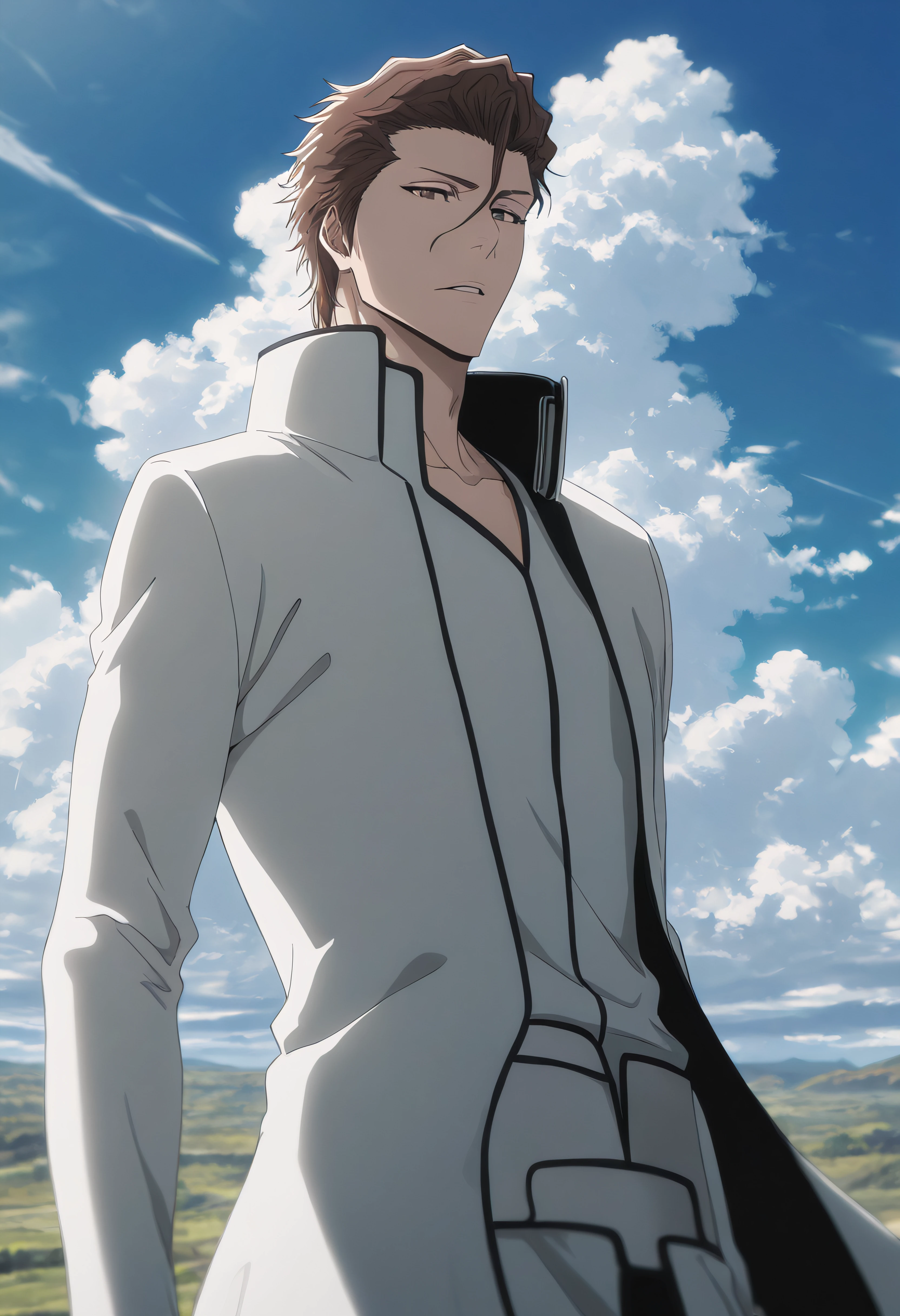 masterpiece, best quality, amazing quality, very aesthetic, absurdres, newest, (scenery, volumetric lighting),
aizen sousuke, solo, looking at viewer, brown hair, 1boy, hair between eyes, brown eyes, vslinxaizen_arrancar, male focus, parted lips, sky, day, cloud, armor, blue sky, anime
masterpiece, best quality, amazing quality, very aesthetic, absurdres, newest, (scenery, volumetric lighting)