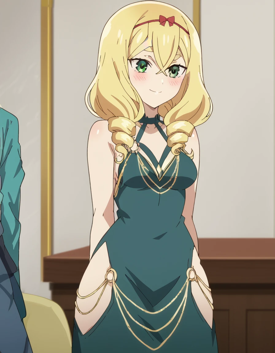 score_9, score_8_up, score_7_up, source_anime, <lora:roanna-fontaine-s2-ponyxl-lora-nochekaiser:1>, roanna fontaine, long hair, blonde hair, hair between eyes, green eyes, hairband, drill hair, medium breasts, anime screencap,, <lora:madokawa-dress-ponyxl-lora-nochekaiser:1>, modakawa dress, gold chain, tight dress, hip vent, low neckline, criss-cross back-straps, taut dress, evening gown, o-ring dress, black dress, backless dress,, indoors, smile, blush, , cowboy shot