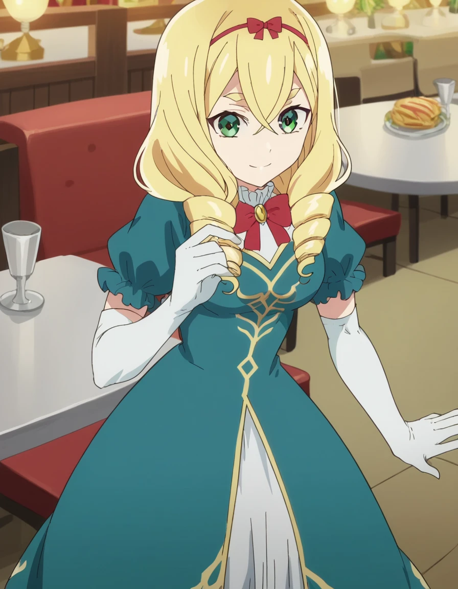 score_9, score_8_up, score_7_up, source_anime, <lora:roanna-fontaine-s2-ponyxl-lora-nochekaiser:1>, roanna fontaine, long hair, blonde hair, hair between eyes, green eyes, hairband, drill hair, medium breasts, anime screencap,, gloves, dress, bow, short sleeves, elbow gloves, puffy sleeves, white gloves, red bow, puffy short sleeves, blue dress, drill hair, restaurant, laughter, good food, warm lighting, celebration, smile, from above,, looking at viewer, solo,, cowboy shot