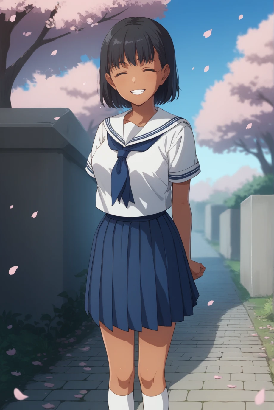 score_9, score_8_up, score_7_up, score_6_up, score_5_up, score_4_up, BREAK source_anime, 1girl, solo,
<lora:SummertimeMio-Pony-v1-07:0.7>, ChopioMio, black hair, short hair, looking at viewer,
dark skin, medium breasts,
outfit_1, serafuku, white sailor collar, white shirt, short sleeves, blue neckerchief, blue skirt, pleated skirt, long skirt, kneehighs, white socks,
outdoors, stone path, cherry blossoms, falling petals, blue sky,
standing, smile, arms behind back, teeth, closed eyes,