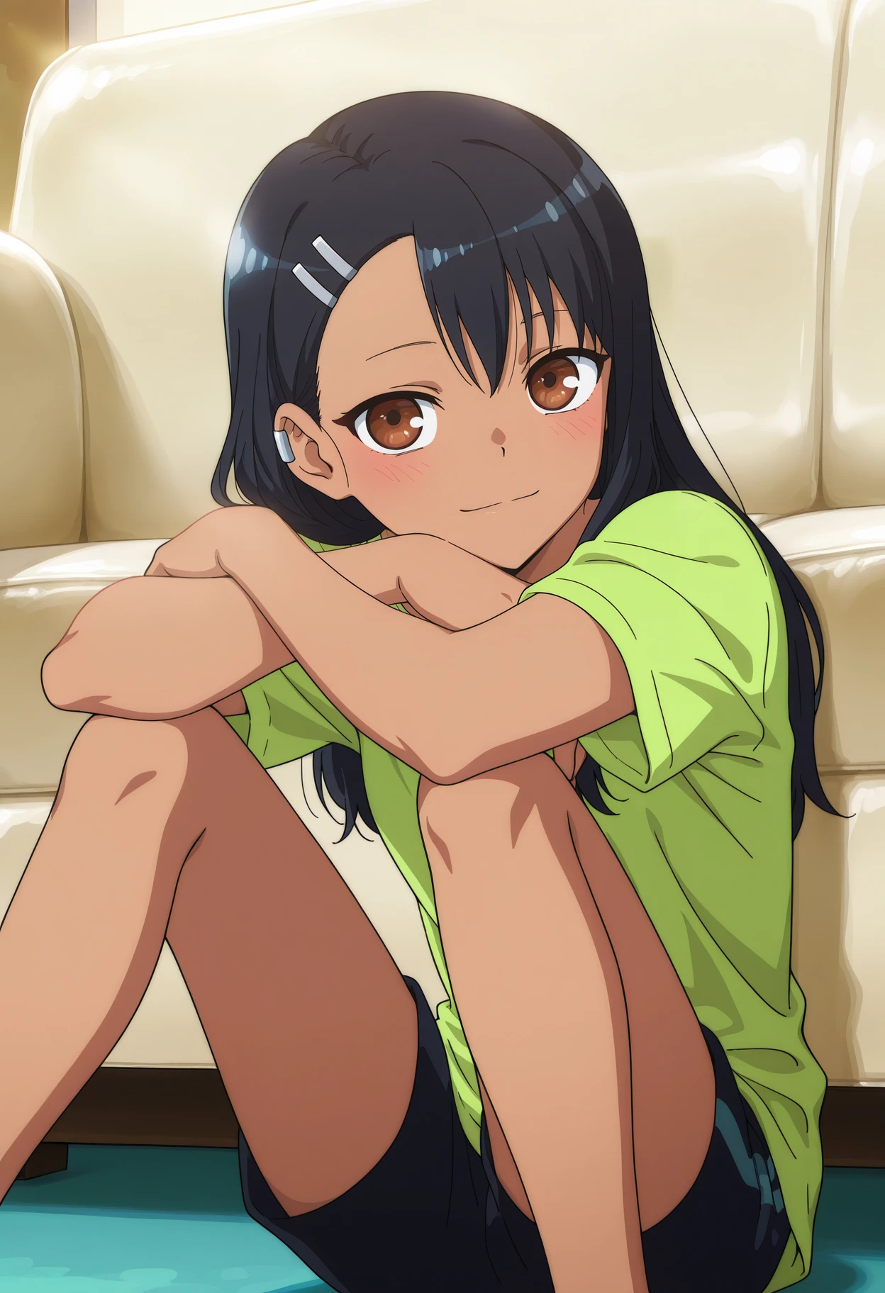 anime screencap, masterpiece, best quality,
<lora:IjiranaideNagatoro_Nagatoro_IlluXL:0.9>,
1girl, solo, closed mouth, light smile, light blush,
dark skin, long hair, black hair, asymmetrical hair, brown eyes, hairclip, earclip,
NagatoroHome, t-shirt, green shirt, short sleeves, black shorts,
sitting, on floor, looking at viewer,
indoors, couch