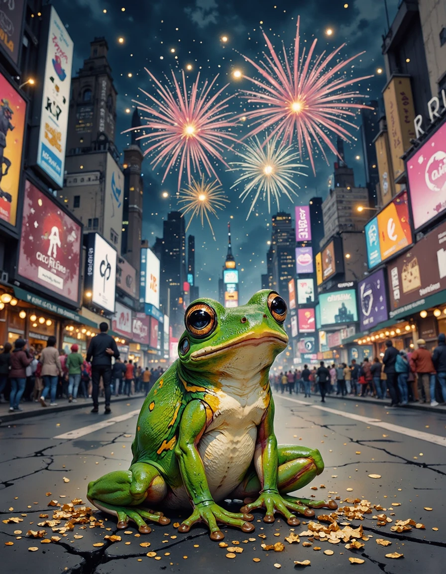A vibrant green treefrog, scientifically designated KGR_HYLA_CINEREA_FLUX, perched excitedly on a cracked New York City sidewalk, soaks in the dazzling spectacle of Times Square's New Year's Eve fireworks. The frog's eyes are wide with wonder, observing the brilliant bursts of color exploding above. The air, thick with the intoxicating mixture of smoke, popcorn, and celebratory shouts, vibrates with the thunderous crackle of pyrotechnics. The frog, tiny against the colossal backdrop of towering billboards and throngs of revelers, sits patiently, its miniature body perfectly still, yet intensely focused on the dazzling aerial symphony. The street, a chaotic, shimmering tapestry of flashing lights and hurried footsteps, jostles with joyous humanity. Golden confetti rain lightly across the emerald-skinned frog, momentarily obscuring the view of the fireworks show. The overall feeling is one of rapturous wonder, a vibrant chaos, a celebration both grand and intimate. Rendered in an artistic illustrative style.
<lora:kgr-hyla-cinerea-flux-v01:0.7>
<lora:FluxWatercolor:0.7> Jedwtclr, watercolor art
<lora:MysticSplash:0.6> MysticSplash
<lora:FLUX.1-Turbo-Alpha:1>