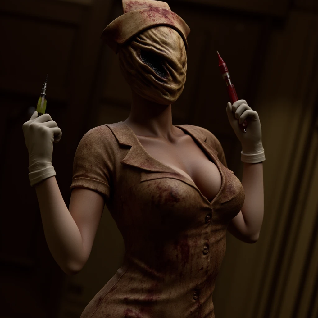 cinematic film still of <lora:Faceless Nurse Silent Hill style v1:0.9>
Faceless Nurse a creepy bloody faceless face woman in a bloody hat holding a big needle syringe tranquilizer gun, perfect image, perfect body, perfect anatomy, sharp image, detailed image, Kodak film, high quality photography, Faceless Nurse style, solo, breasts, gloves, hat, cleavage, blood, nurse cap, nurse, syringe, holding, upper body, short sleeves, holding syringe, medium breasts, white gloves, adjusting whigloves, stitches, covered in blood, blood stain, bloody bandage, medium shot, shallow depth of field, vignette, highly detailed, high budget, bokeh, cinemascope, moody, epic, gorgeous, film grain, grainy