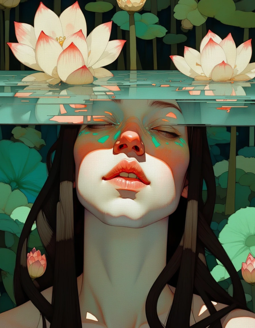 Steve McDonald Art. This is a digital painting in a surrealistic style, featuring a close-up of a young woman's face. The woman has fair skin with a rosy complexion and full, pink lips. Her eyes are closed, and her expression is serene. Her long, dark hair flows around her shoulders, blending into the background. The woman's face is partially submerged in water, which is reflected in her eyes, creating a mesmerizing effect. The water's surface is rippled and distorted, with hues of green and blue, and it has a reflective quality that mirrors the surrounding environment.
The background is a lush, green, and serene underwater landscape, with large, white lotus flowers and other aquatic plants. The colors are muted and soft, with a mix of greens, blues, and oranges. The texture of the painting is smooth, with subtle brush strokes and gradients that enhance the depth and realism of the water and the woman's skin. The overall mood of the painting is tranquil and ethereal, capturing a moment of calm and introspection. <lora:Steve_McDonald:1.25>