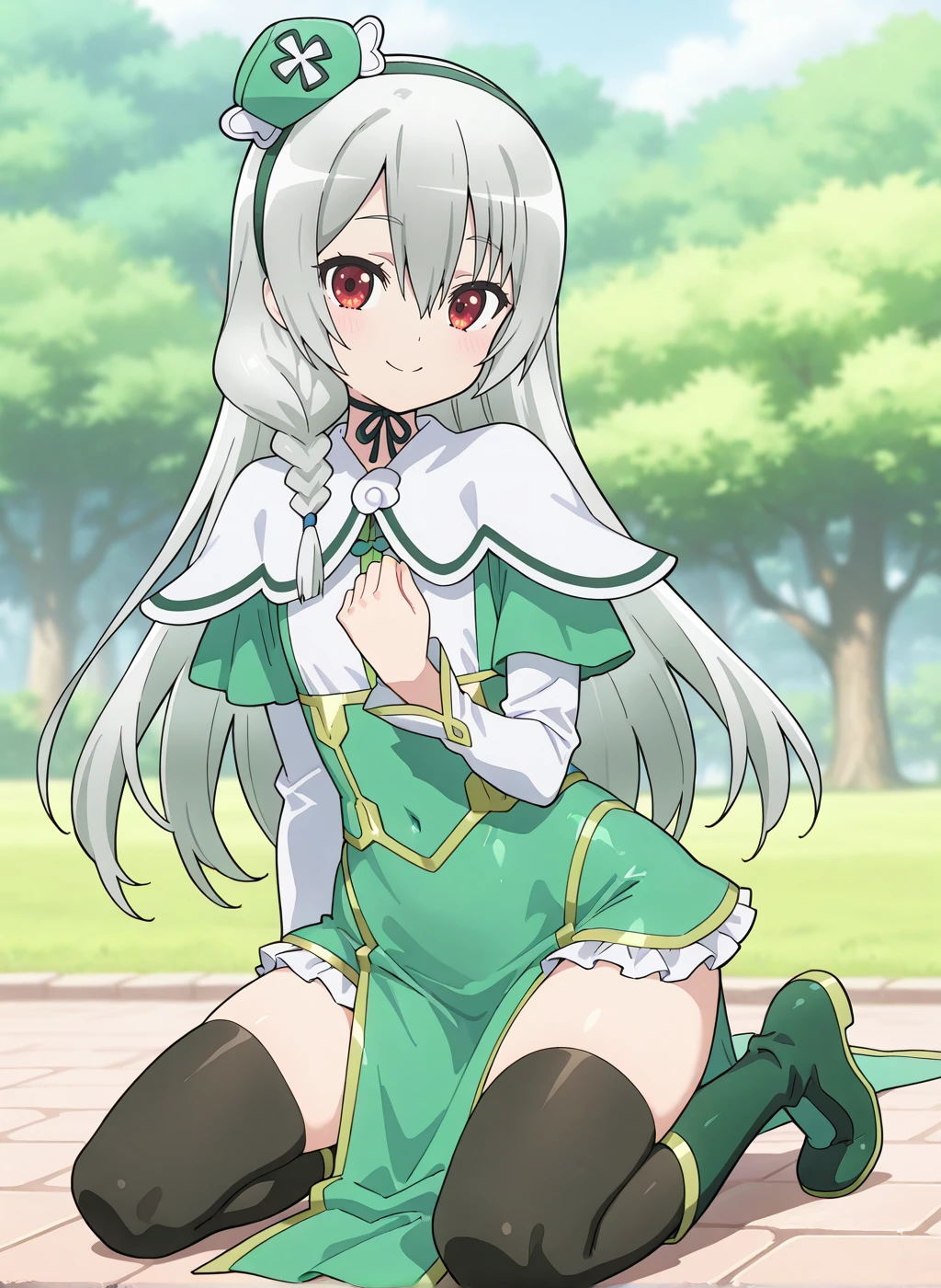 High quality,Ultra detailed,best quality,insanely detailed,beautiful,masterpiece,absurdres,very aesthetic,sensitive BREAK
1girl,solo,<lora:maidena_angers_V1_IL:1>,(maidena_angers, very long hair, grey hair, red eyes, hair between eyes, bangs,  flat chest),(green dress, capelet, long sleeves, pelvic curtain, frilled skirt, thighhighs,black thighhighs,chin strap,hat,green footwear,green hairband,single braid),looking_at_viewer,posing,smile,outdoors,kneeling,