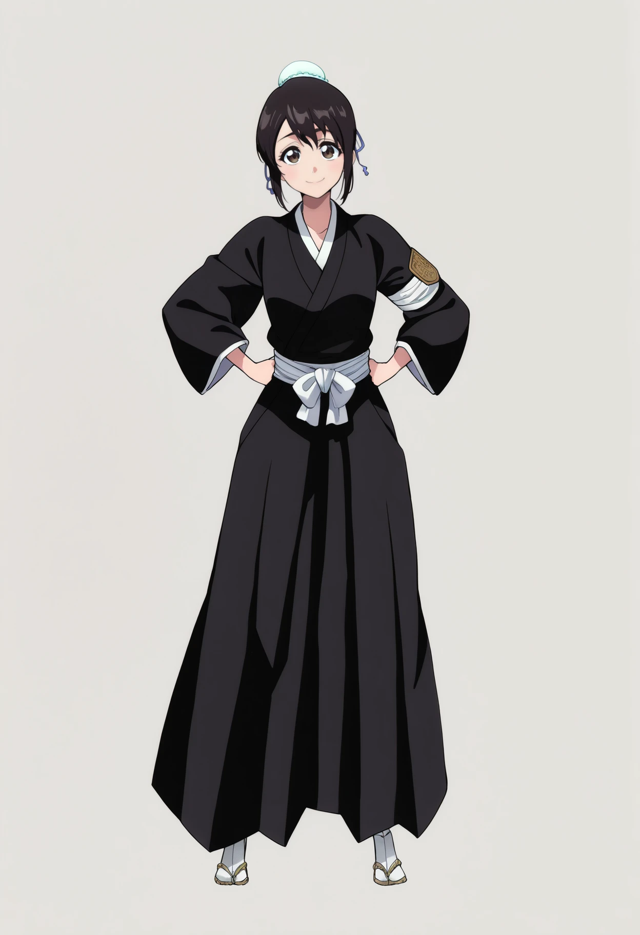 masterpiece, best quality, very aesthetic, absurdres,
1girl, momohinamori, black hair, single hair bun, bun cover, brown eyes,
japanese clothes, black hakama, hakama skirt,
hands on hips, standing, full body,
smile,
solo, looking at viewer, (simple background, white background:1.3),  <lora:MomoHinamoriBleachNoobXL_byKonan:1>