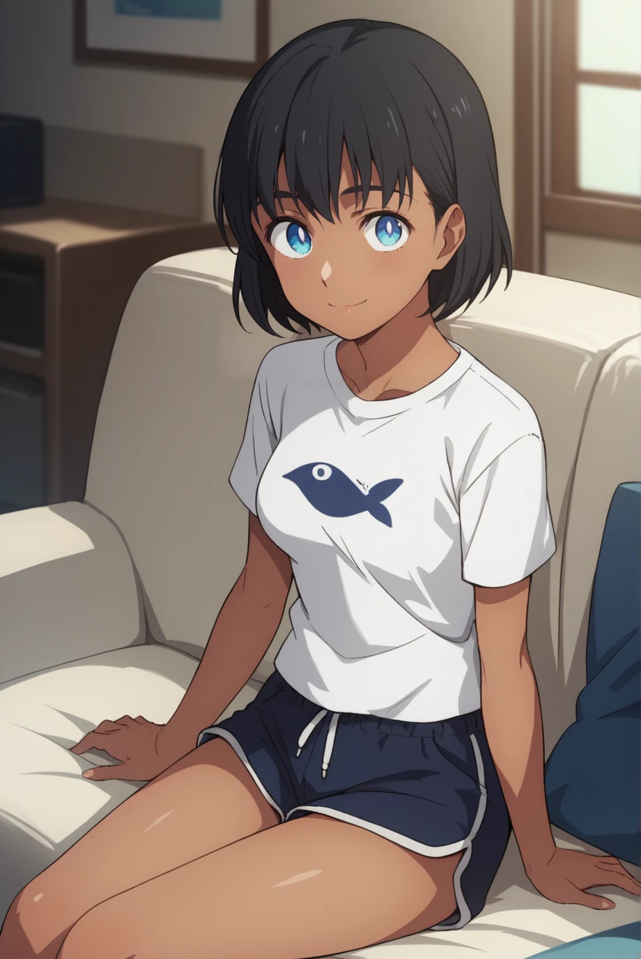 score_9, score_8_up, score_7_up, score_6_up, score_5_up, score_4_up, BREAK source_anime, 1girl, solo,
<lora:SummertimeMio-Pony-v1-07:0.7>, ChopioMio, black hair, short hair, blue eyes, looking at viewer,
dark skin, medium breasts,
outfit_2, t-shirt, white shirt, print shirt, short sleeves, dark blue dolphin shorts, short shorts, fish print,
couch, sitting, smile, japanese living room,