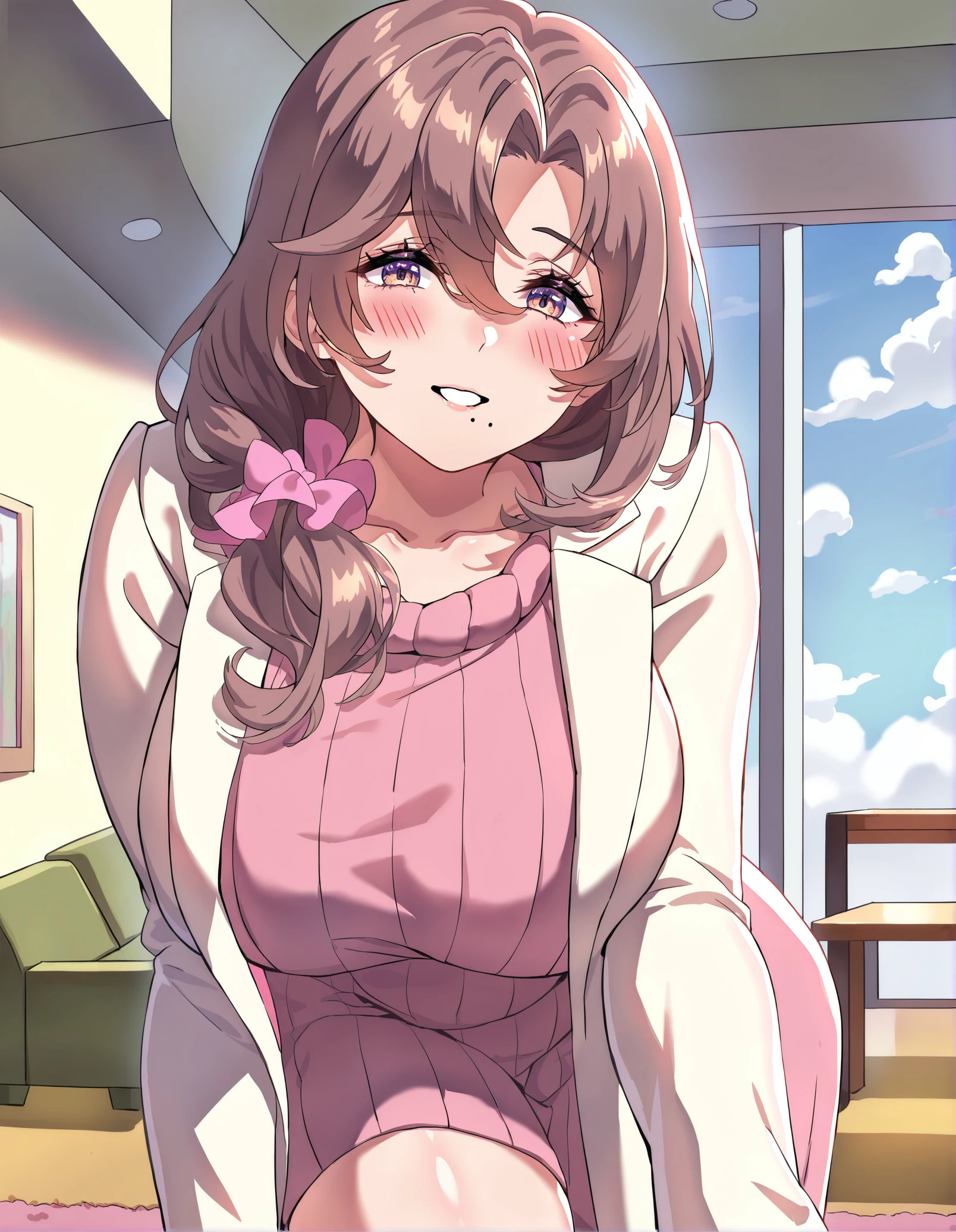 1girl,<lora:MeiXu-xiaojie-000018:0.85>,MeiXu,solo,mature female,milf,motherly,mother,Brown hair,mole,mole under mouth,long hair,hair between eyes,hair over shoulder,bangs,collarbone,sweat,curvy,slender waist,dynamic pose,Sweater,coat,living room,sofa,window,table,carpet,home,looking at viewer,sky,cloud,
year 2024,(very awa, very aesthetic, masterpiece, best quality, highres, absurdres,:1.2),