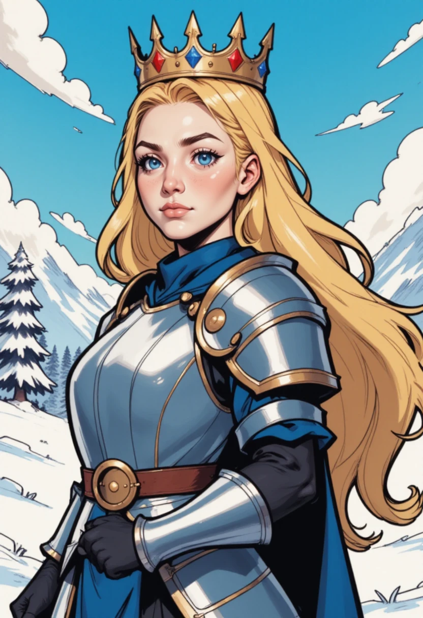 a blonde blue-eyed woman in medieval armor with a crown set against a snowy mountain landscape, upper body,, a digital illustration in the commix style  <lora:commixv3-f:2> commix