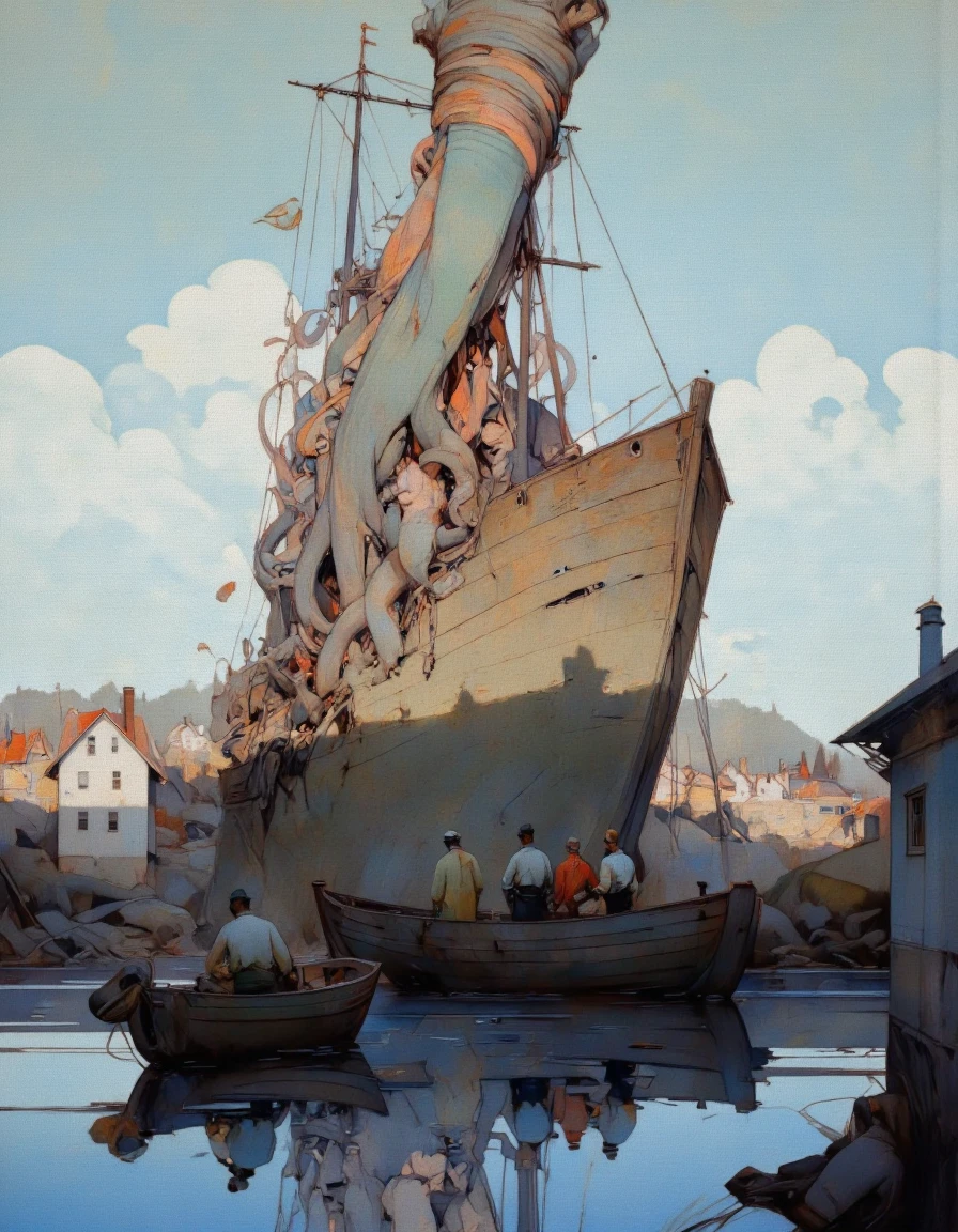 Steve McDonald Art. This image is a digital painting with a surreal, whimsical style. It depicts a harbor scene with an otherworldly twist. In the foreground, there are two boats, one small and one medium-sized, anchored in calm water. The boats are painted in muted tones of blue and gray, reflecting the water's surface. A group of four people, dressed in traditional sailor outfits with dark hats and coats, are standing on the smaller boat, engaged in quiet conversation.
In the background, a towering, tentacled creature emerges from the water, its body resembling a massive octopus with a multitude of tentacles wrapped around the masts and rigging of a large, ghostly ship. The ship's hull is partially visible, and it seems to be sinking, with the tentacles entwining around it. The ship's sails are tattered and the masts are bare, giving it an eerie, abandoned appearance.
The background also features a small village with white and beige buildings with red roofs, situated on a rocky shoreline. The sky is a muted blue, with soft clouds and a hint of sunrise or sunset, casting a warm glow over the scene. The overall mood is one of mystery and tranquility, with an underlying sense of foreboding. <lora:Steve_McDonald:1.25>