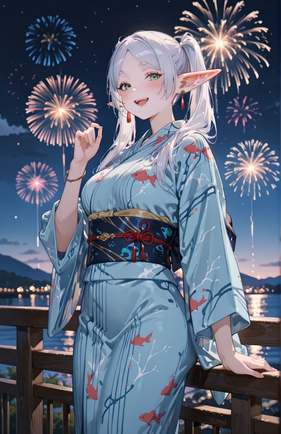 perfect quality,high quality,masterpiece,best quality,amazing quality,very aesthetic,absurdres,newest,
FrierenCyql,1girl,elf,solo,long hair,twintails,white hair,green eyes,pointy ears,earrings,jewelry,<lora:Frieren_Illustrious by Cyql:1>,
fireworks,kimono,japanese clothes,breasts,sash,aerial fireworks,obi,large breasts,open mouth,smile,looking at viewer,animal print,blue kimono,night,railing,outdoors,fish print,jewelry,bracelet,wide sleeves,blush,night sky,parted bangs,yukata,sky,:d,teeth,vertical-striped clothes,blurry,long sleeves,striped clothes,single hand up,bow,
<lora:748cmSDXL:0.5>,<lora:illustrious_quality_modifiers_masterpieces_v1:0.8>,<lora:EtherSDXL:0.5>,748cmstyle,EtherStyle,masterpiece,very aesthetic,<lora:detailer_v5:0.5>,detailerlora,