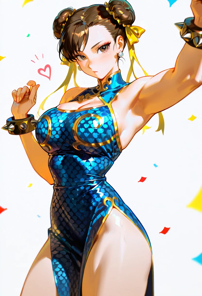 1girl,solo,looking at viewer, echo (circa), chun-li, ah dress, heart,confetti,