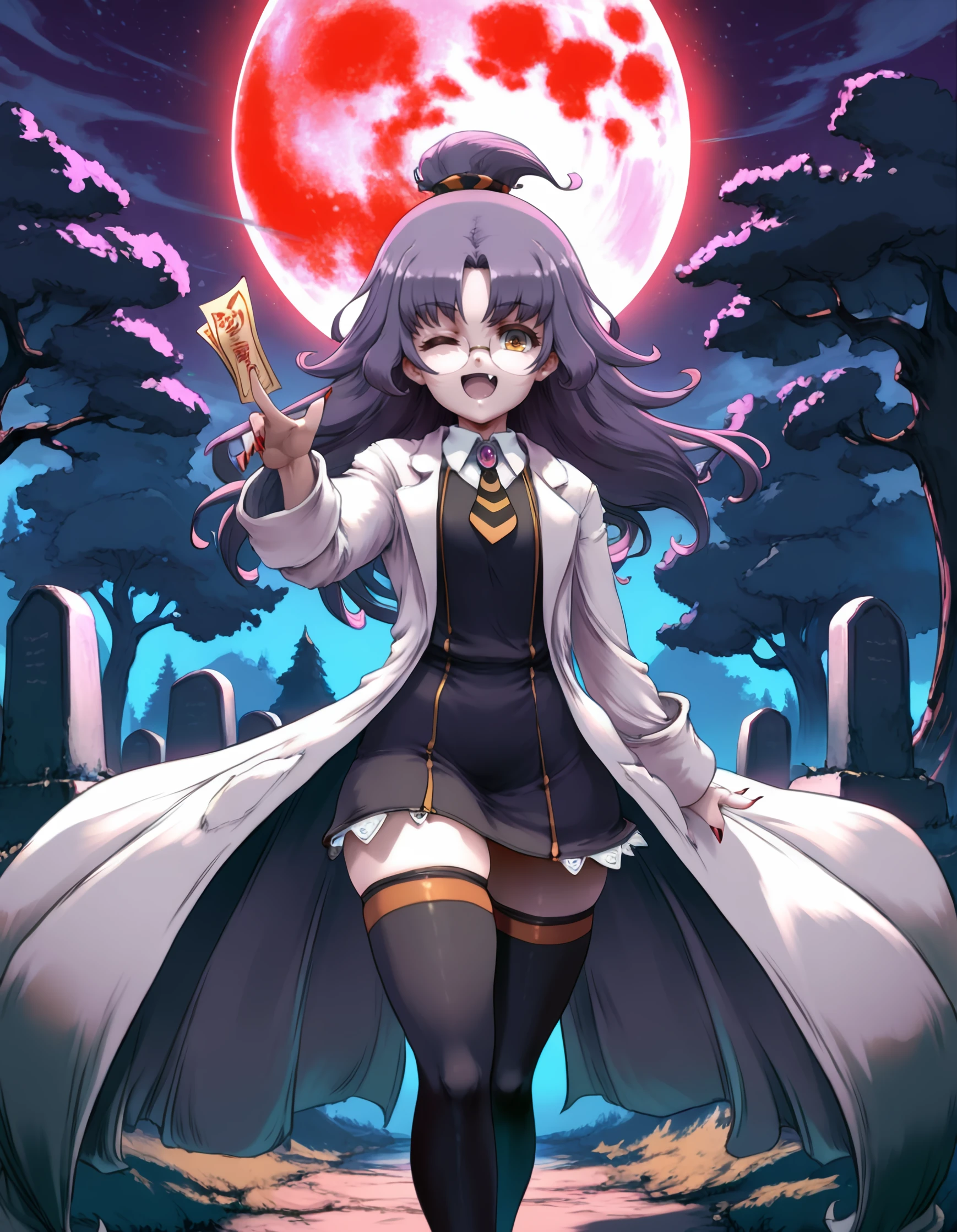 <lora:hundred_-_charlotte_dimandius_il:1> rating:safe, hundred_-_charlotte_dimandius, long_hair, purple_hair, glasses, brown_eyes, yellow_eyes, lab_coat, necktie, collared_shirt, long_sleeves, zettai_ryouiki, black_thighhighs, lens_flare, floating_hair, floating_clothes, (1980s_\(style\)), (cutesexyrobutts), 1girl, crossover, fang, fingernails, halloween, hand_up, long_fingernails, looking_at_viewer, mob_cap, moon, night, ofuda, one_eye_closed, open_mouth, outdoors, red_moon, red_nails, rope, sharp_fingernails, smile, solo, tombstone, tree, animal_print, two-tone_background, masterpiece, detailed, best_quality