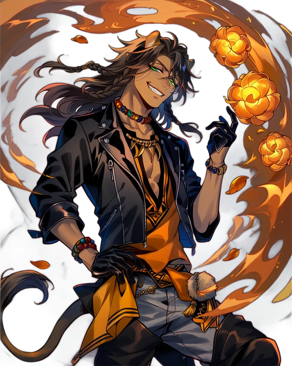 High school werewolf young boy, smiling with fangs, orange glowing eyes, long curl single tied hair, pumpkin spirit, magic werewolf and warlock hybrid, midnight blue, floating pumpkin