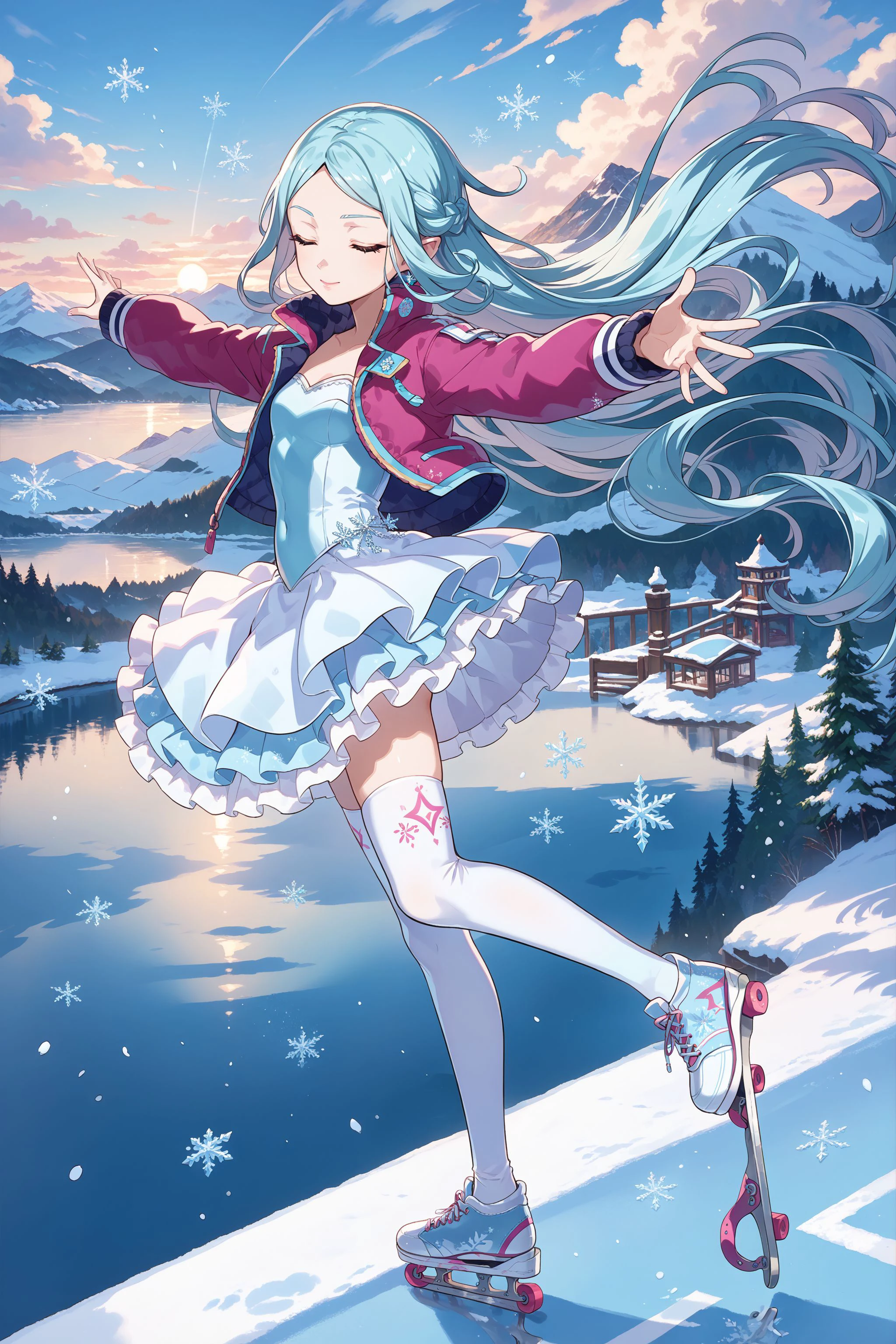 score_max, (score_9, score_8_up, score_7_up:1.2), score_6_up, official art,
masterpiece, absurdres, high detail, 8k,
winter, frozen lake,  mountain, sunrise, sparkle, from side,
ice skating, standing on one leg, outstretched arms,  spread legs, closed eyes,
ririi, very long hair, floating hair, white leotard, white skirt, miniskirt, frilled skirt, white thighhighs, skate shoes
<lora:XL_Pony_gomaotsu-lily-t1:1>