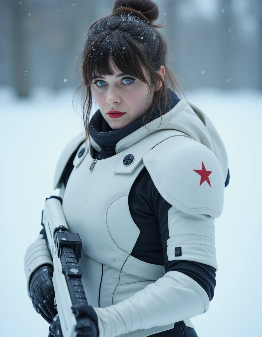 8k hdr. <lora:ZooeyDeschanelFlux3c-000001:1> She has a fair complexion and Her hair is styled in a casual, messy updo with bangs framing her face. She has striking blue eyes and a subtle, natural makeup look with a hint of pink lipstick. she is a kneeling in the snow while wearing a space marine wearing matte black lip color is wearing white winter camouflage body armor with the left shoulder armor is shaped like a wolf's head. She is holding a futuristic white laser gun in her hands, walking in a snowstorm on an icy, snowy plain, thick snow falling, snow settling on their hair and armor, cowboy shot, Her face shows determination, High Detail, Perfect Composition, dramatic lighting, high contrast