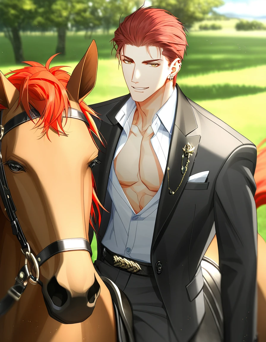 masterpiece, best quality, absurdres,  1boy, solo, BREAK male focus, yellow eyes, (short red hair, hair slicked back), formal, suit, piercing, earrings, black pants, belt, open shirt, smirk, BREAK outdoors, horseback riding, horse, looking at viewer, lightandnight, ikemenboys,  <lora:IkemenBoys_Illustrious:0.95>