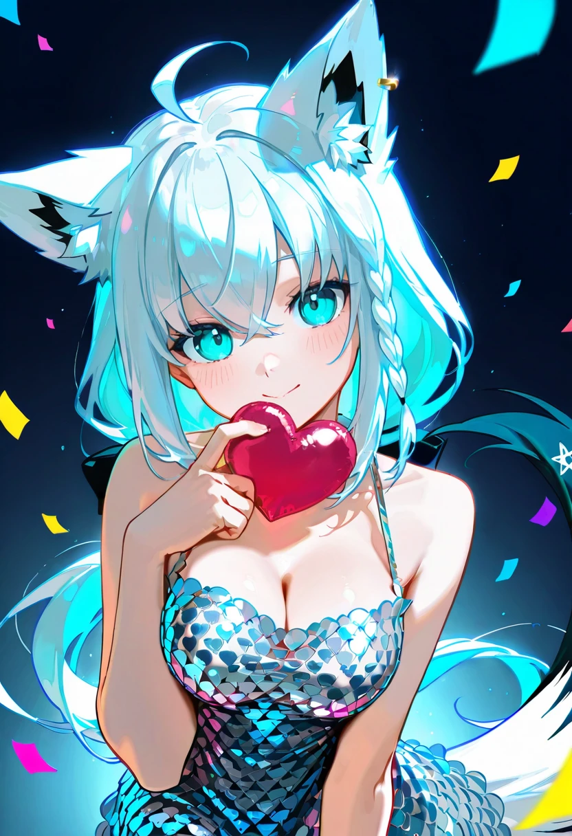 1girl,solo,looking at viewer, echo (circa), shirakami_fubuki, ah dress, heart,confetti,