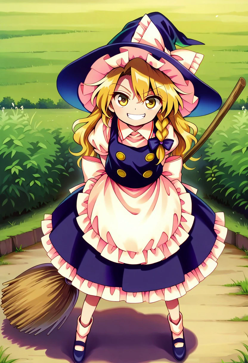Touhou, detailed, absurdres, highres, masterpiece, best quality, amazing quality, 1girl, solo, kirisame_marisa, blonde_hair, braid, long_hair, single_braid, hair_bow, yellow_eyes, bow, hat, witch_hat, hat_bow, shirt, apron, white_bow, black_hat, vest, white_shirt, black_vest, skirt, broom, outdoors, full body, grin, looking at viewer