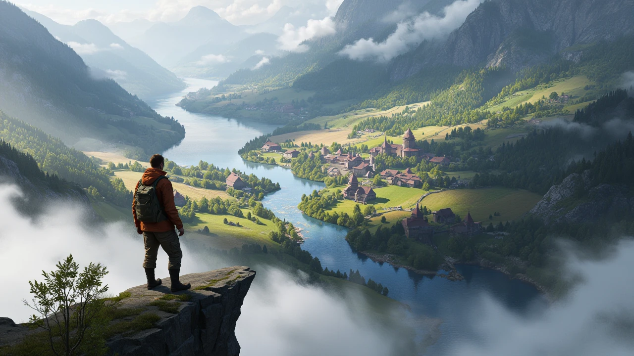 artwork in sr artstyle, man in outdoor clothing standing on top of a cliff overlooking a mountain river valley with farms surrounding a small town, engulfed partially in morning fog