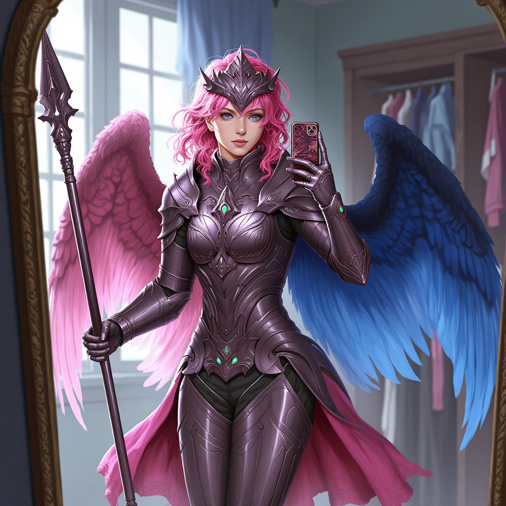 artwork in sr artstyle, a woman in her late 20s wearing a detailed magical girl armor costume with large wings in pink and blue colors is holding a spear in one hand and taking a selfie with a phone in her other hand in front of a wardrobe mirror in an indoor setting