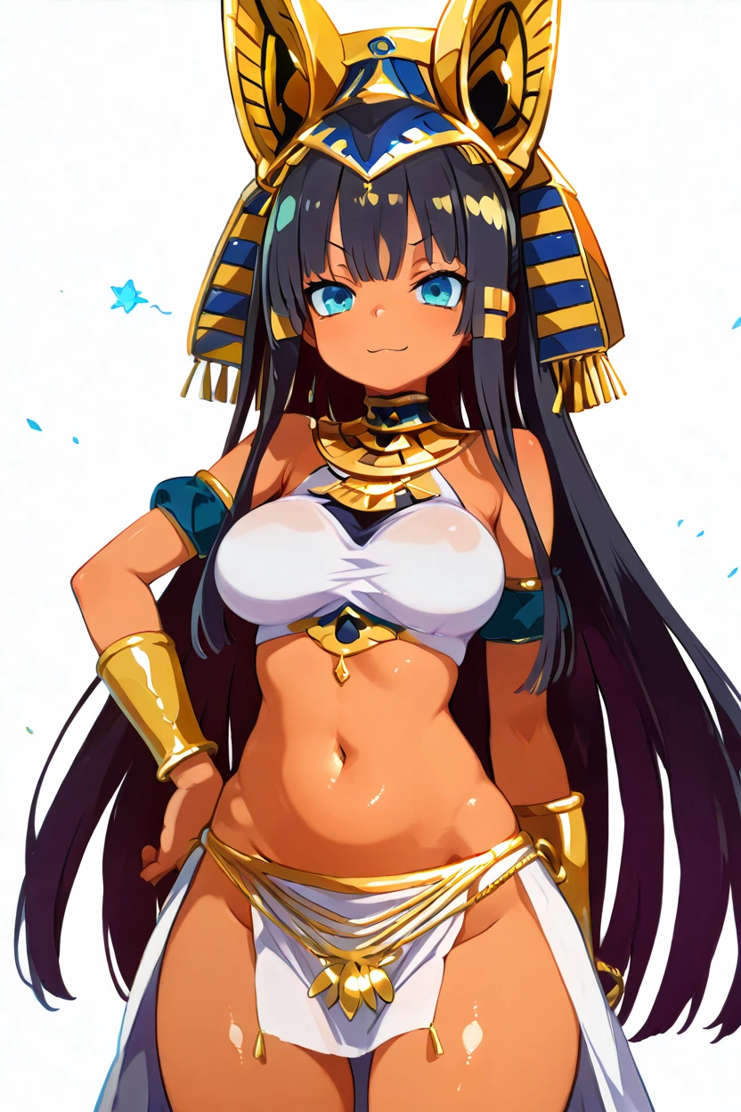 masterpiece, best quality, solo, curvy, beautiful eyes,,<lora:RamessesIXL:1.0>, zzRamesses, blue eyes, black hair, dark skin, pharaoh's headdress, jewelry, gold, white crop top, white pelvic curtain,cowboy shot, hand on hip, smug, smile, looking at viewer, shiny skin,<lora:HaradaTakehitoIXL_v3:1.3>, <lora:ZankuroIXLLight_v2:0.6>,