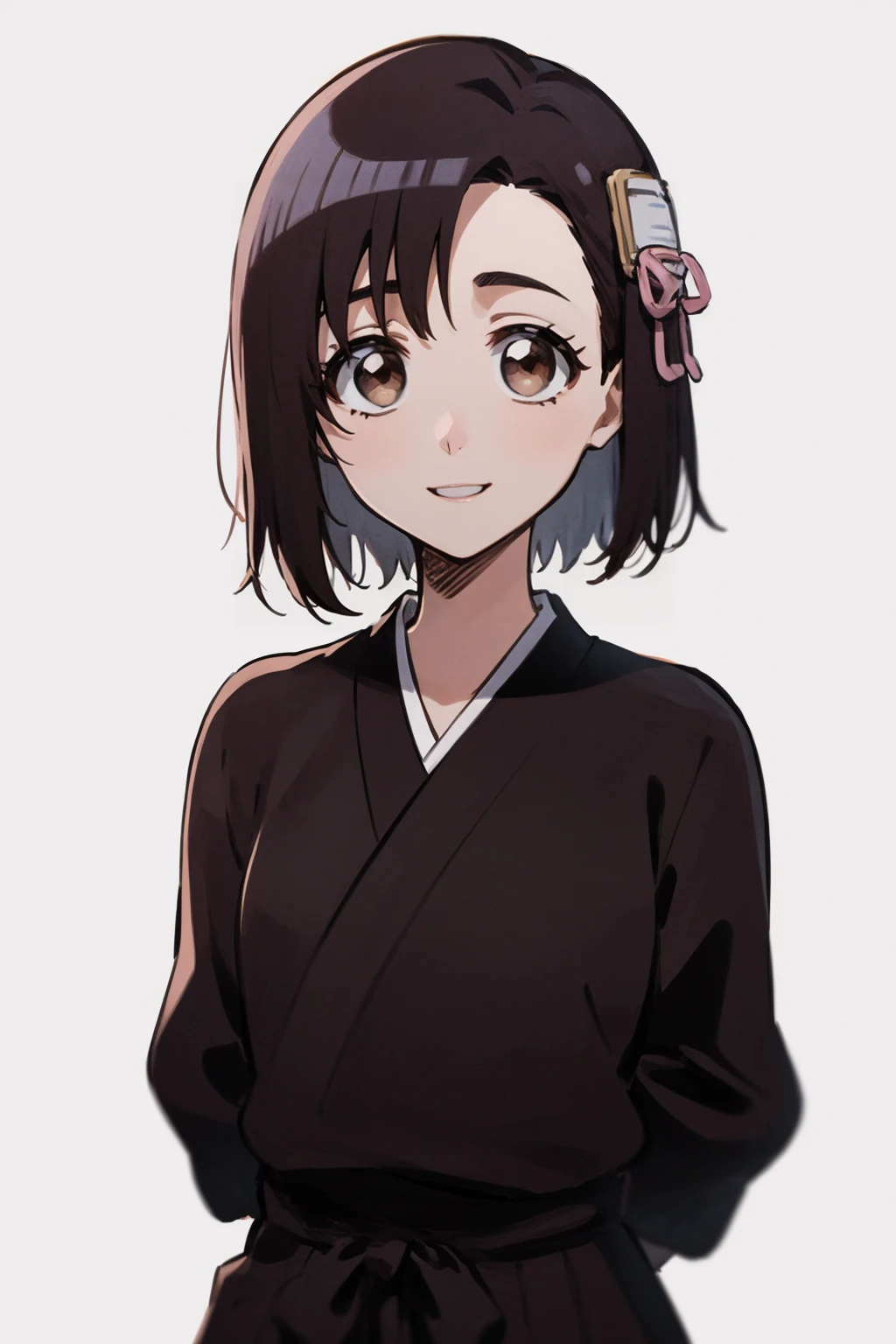 masterpiece, best quality,
1girl, hinamoritybw, black hair, short hair, brown eyes,
hair ornament, hair ribbon,
japanese clothes, black kimono, arms behind back,
smile, solo, looking at viewer, simple background, white background <lora:MomoHinamori_byKonan:1>