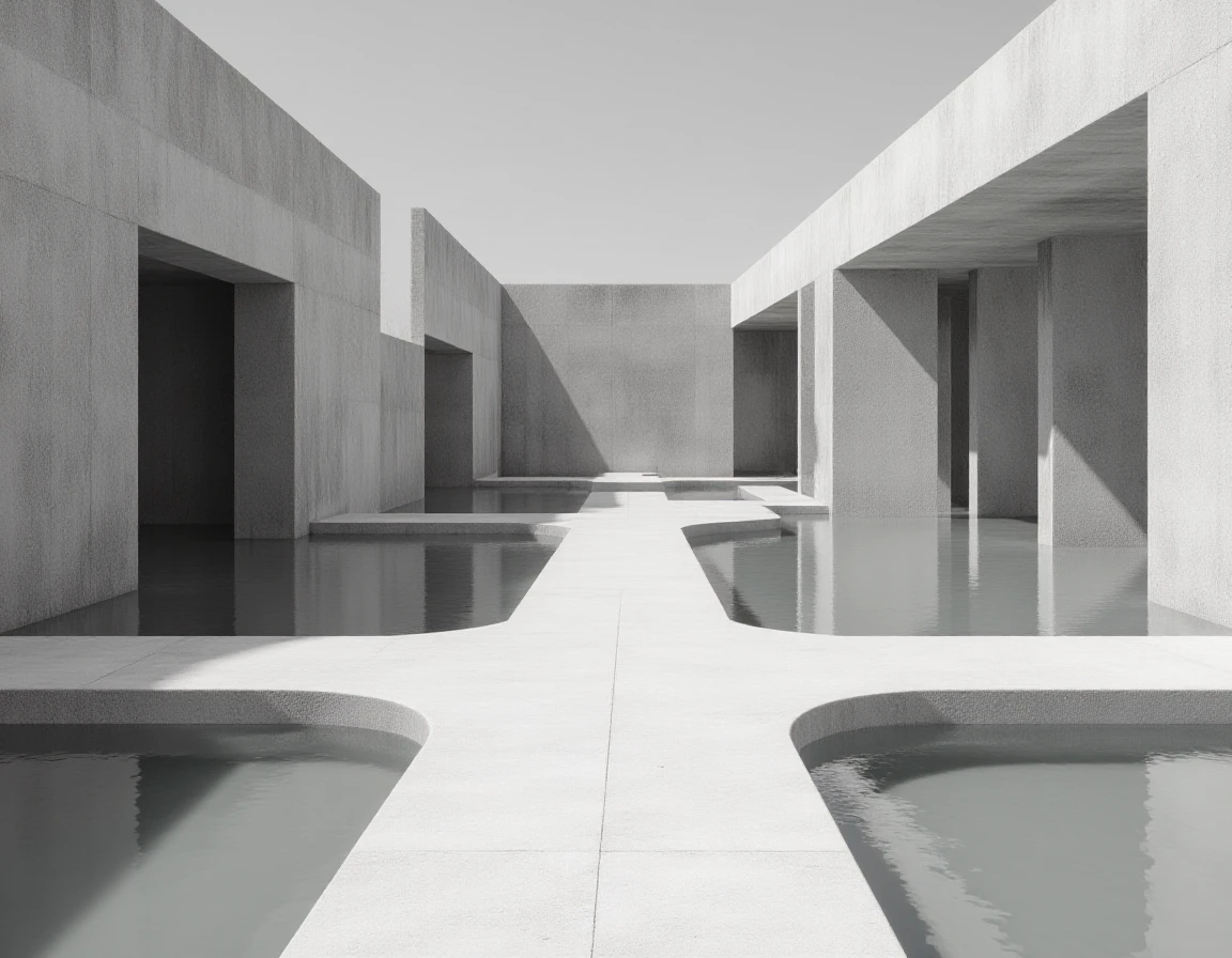 Greyscale photo of a ff-mp building featuring a walkway made of white concrete surrounded on both sides by shallow pools of water.
<lora:Minimalist_Photos:1>