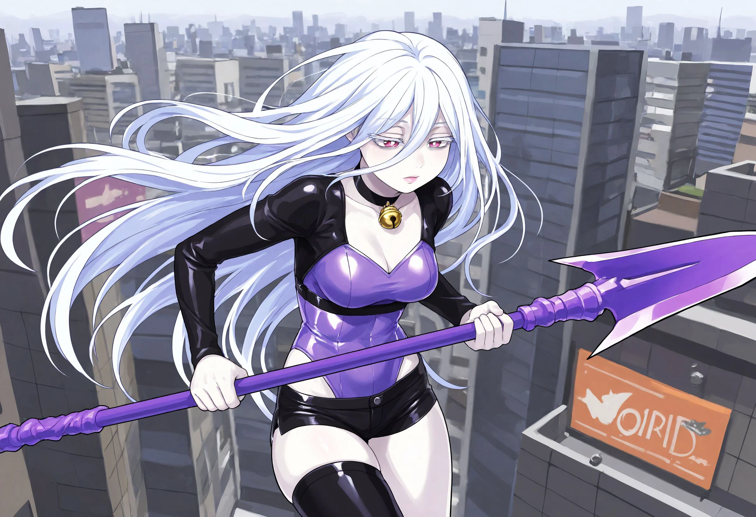 female,jump,fighting,in air,holding spear,purple spear,large-bladed spear,half-closed eyes,eyebags,pink lips,very pale skin,medium breasts,long white hair,very long middlestrand,middlestrand,colored eyelashes,pink eyes,white pupils,black choker,gold bell choker,black shirt,long sleeves,skintight,purple leotard,hip cutouts,long sleeves,black leather,black shorts,(asymmetrical) legwear,city background,<lora:Hair_between_eyes:0.6>, <lora:twstIDIAstyle:0.5> twst