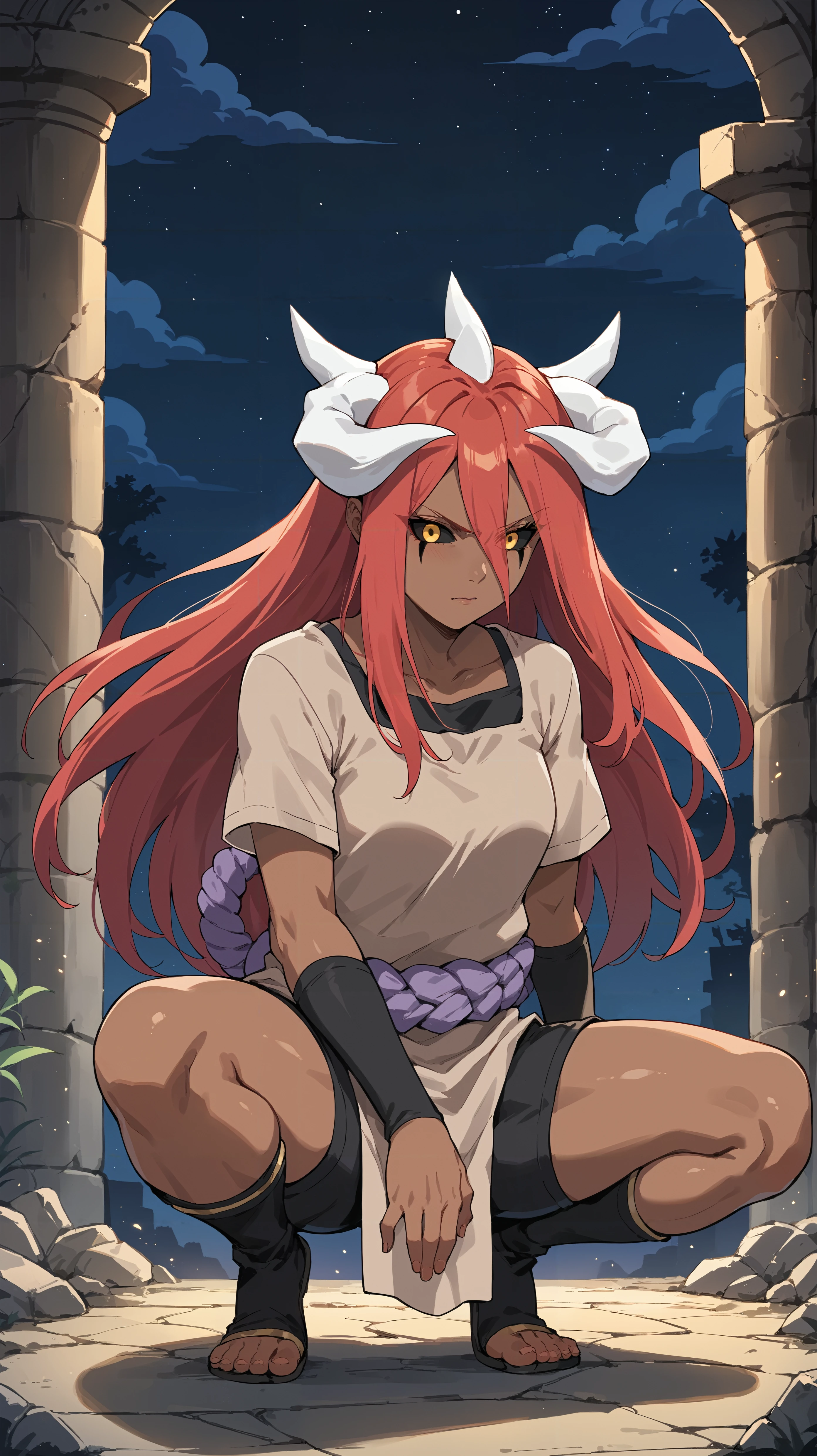 score_9,score_8_up,score_7_up,score_6_up, <lora:xl_more_art-full_v1:0.5>, source_anime, woman, dynamic pose, squatting, <lora:Tayuya - Pony:0.8>, long hair, red hair, yellow eyes, black sclera, facial markings, dark skin, white horns, bTayuya, tan tunic, purple rope, black arm warmers, black shorts, night sky, night time, darkness, stone ruins, ancient,