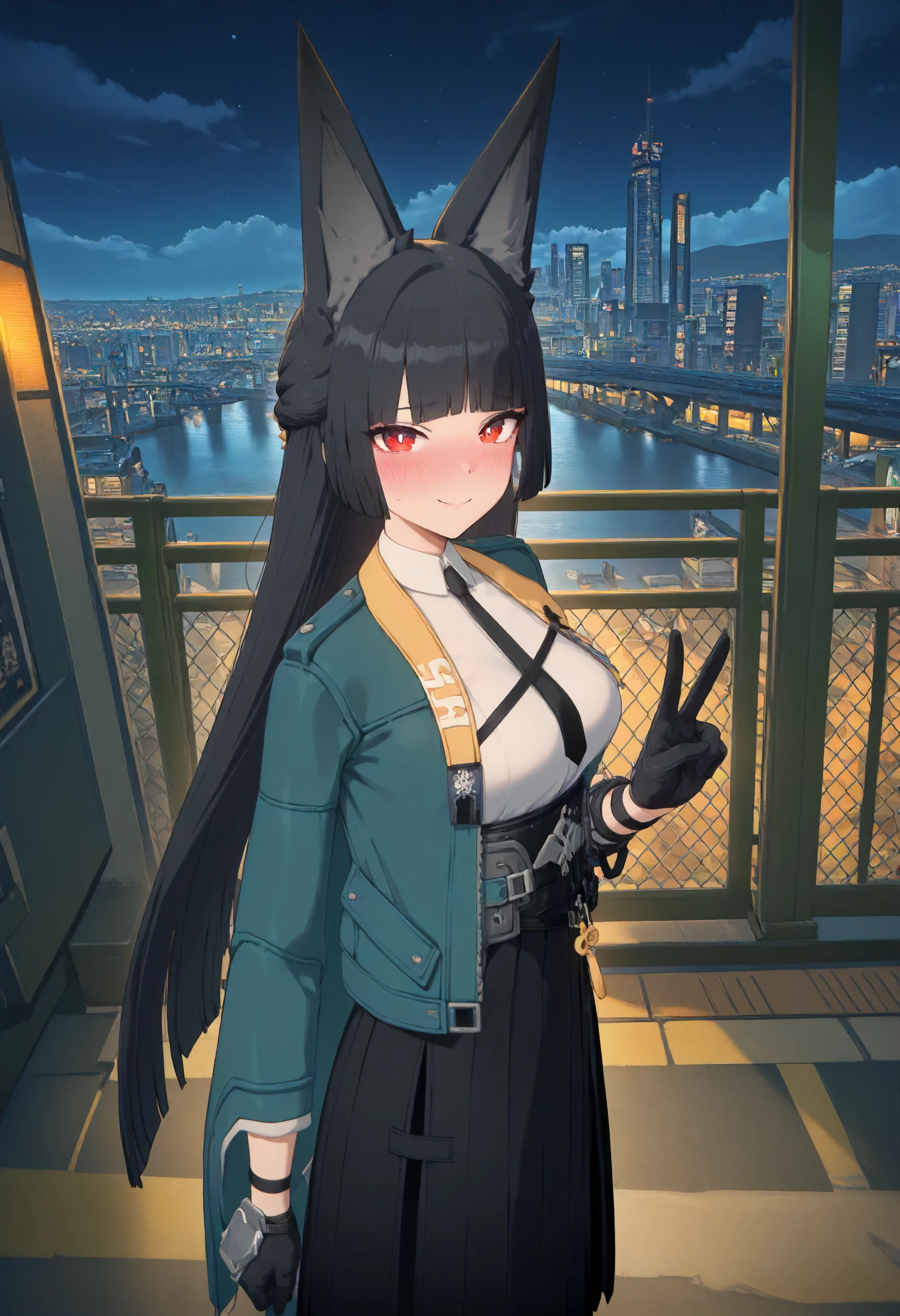 masterpiece, best quality, amazing quality, very aesthetic, absurdres, newest, scenery, volumetric lighting, perfect eyes, ultra detailed,
1girl, Hoshimi Miyabi, solo, black fox ears, black hair, bangs, long hair, red eyes, white pupils,
green cape jacket, white shirt, black tie, belt, clasp, black gloves, long skirt, black skirt, open side skirt, pantyhose, black boots,
standing, looking at viewer, gentle smile, blushing, nervous smile, peace sign,
city, night sky, beautiful frame, backlighting,
<lora:Hoshimi_Miyabi_-_Zenless_Zone_Zero_ZZZ__Illustrious:1>
masterpiece, best quality, amazing quality, very aesthetic, absurdres, newest, scenery, volumetric lighting, perfect eyes, ultra detailed,