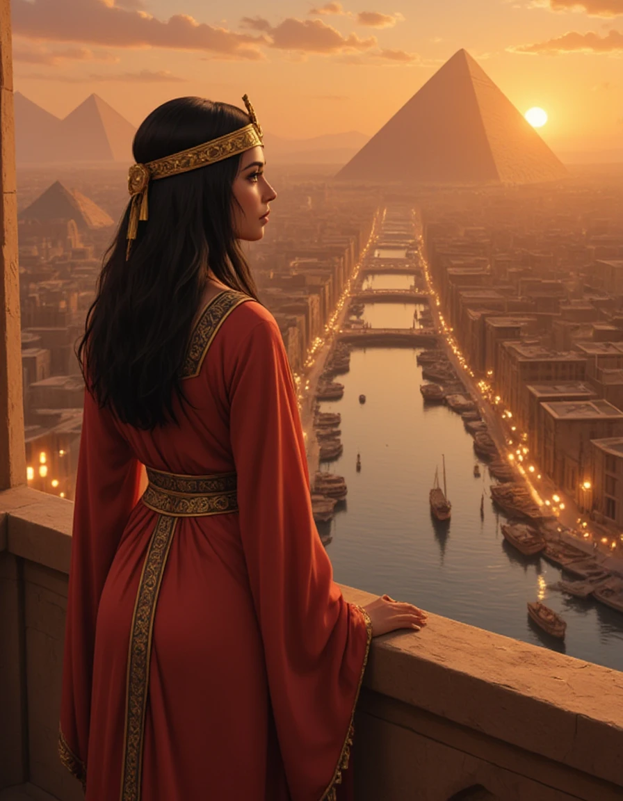 An Egyptian queen gazing out over her city from a high balcony, her luxurious silk gown flowing in the evening breeze. The city below is bustling with activity, with detailed marketplaces, boats on the Nile, and glowing oil lamps. Perspective: over-the-shoulder view, with a soft focus on the cityscape., anime