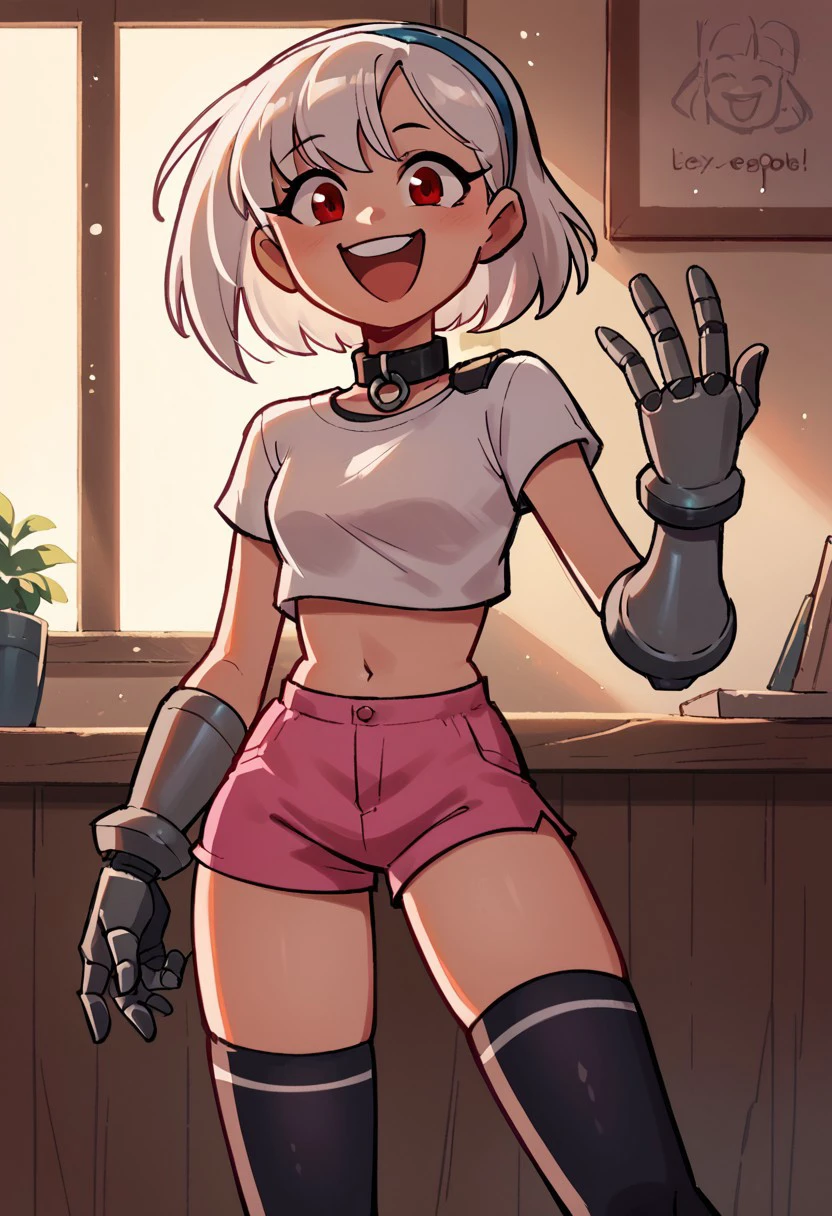 score_9_up, score_8_up, score_7_up, score_6_up, iseenudepeople, LexaFEXL, red eyes, white hair, short hair, blue hairband, bangs, black collar, mechanical arms, small breasts, white crop top, short sleeves, navel, (pink shorts), black thighhighs, black boots, happy, looking at viewer, solo, indoors, cowboy shot