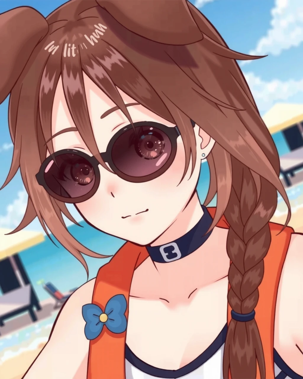 a portrait close up photo of inugami korone wearing sunglasses and standing outside at the beach
 <lora:koroneflux:0.75>