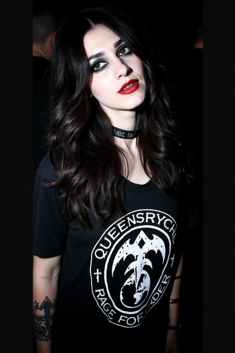<lora:Rock&Metal t-shirts- Queensryche-rage:1> qu33nsrych3, , gothic woman wearing a "Queensryche", rage for order, t-shirt, in a party <lora:metal-gothic-girls:0.8>, RAW candid cinema, 16mm, color graded portra 400 film, remarkable color, ultra realistic, textured skin, remarkable detailed pupils, realistic dull skin noise, visible skin detail, skin fuzz, dry skin, shot with cinematic camera