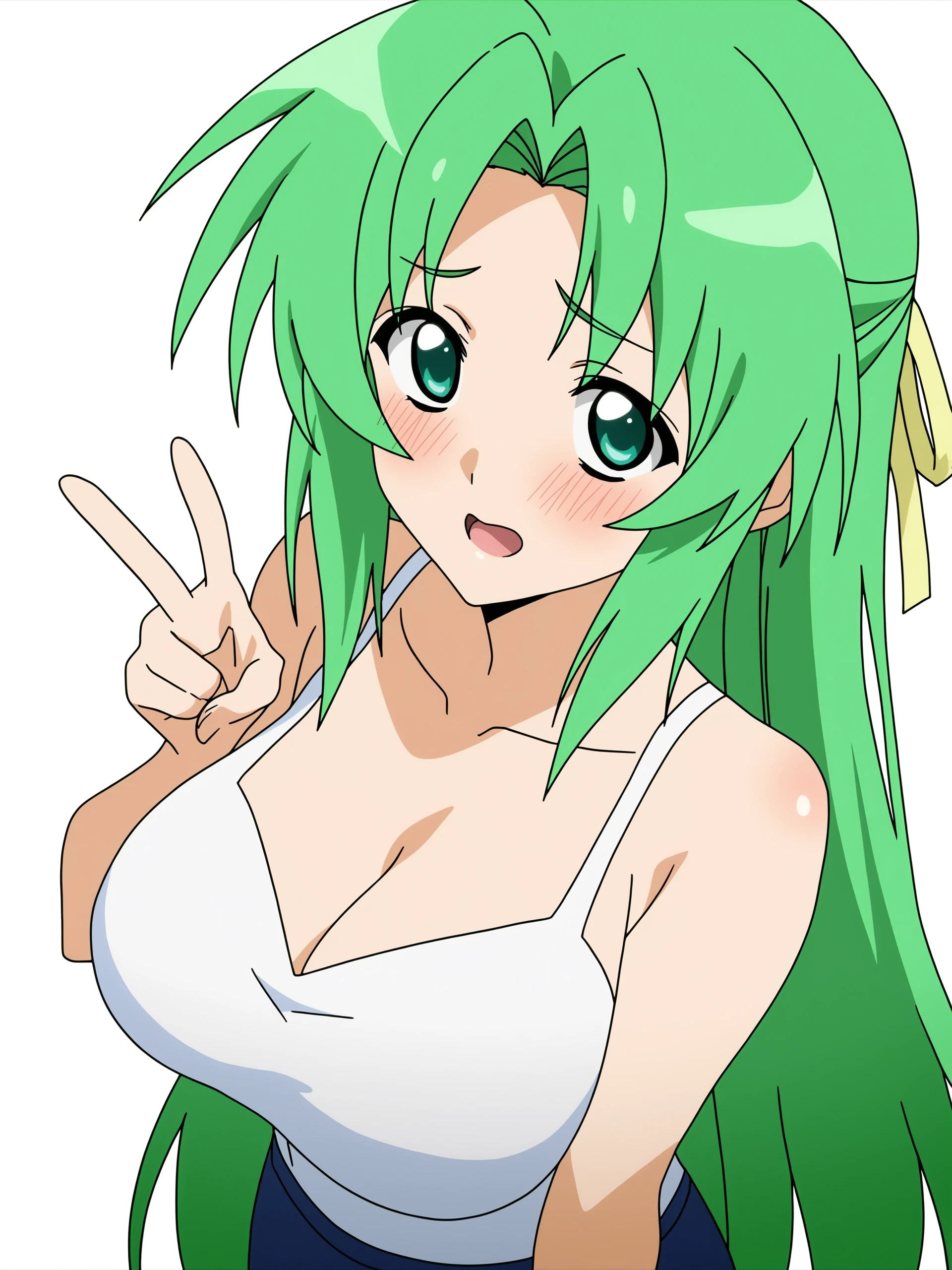 higurashikira, anime screencap, anime coloring, 1girl, solo, sonozaki shion, green hair, long hair, yellow ribbon, half updo, hair ribbon, green eyes, large breasts, simple background, white background, skirt, blush, ribbon, white camisole, upper_body, looking_at_viewer, V, open_mouth, from_above,
(masterpiece, best quality, absurdres, highres, newest, very awa, year 2024:1.2),