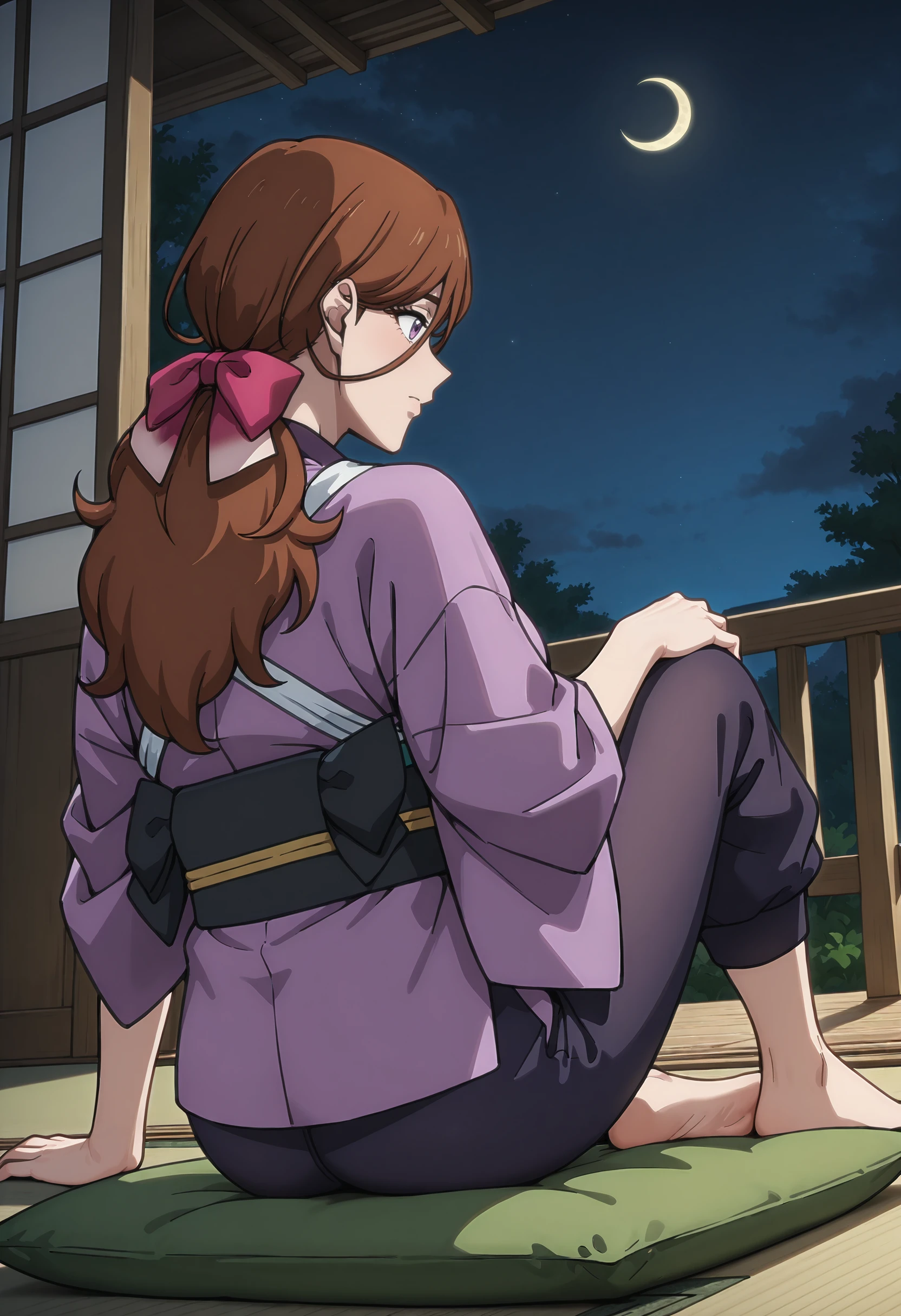 perfect quality, high quality, masterpiece, absolutely eye-catching BREAK
<lora:Rurouni_Kenshin_-_Satsuki:1> kenshinsatsuki, purple eyes, brown hair, hair between eyes, hair ribbon, long hair, ponytail BREAK
purple kimono, blue sweatpants, barefoot BREAK
house, porch, cushion, crescent moon, moonlit BREAK
reclining, outstretched leg, on the porch, looking outside at the sky, dutch angle, from behind, facing away
