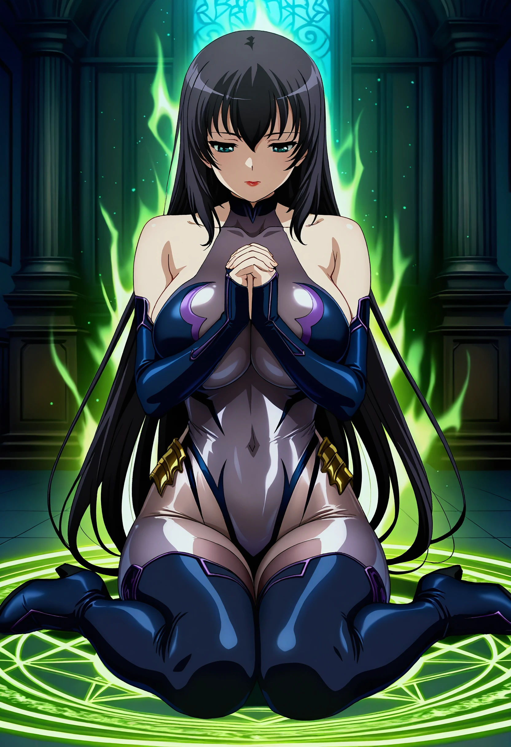 best quality, masterpiece, anime_screencap, hi res, best_quality, very aesthetic, absurdres, 8k, twyk, 1girl,solo, female_focus,
glamorous, slender, voluptuous,
large breasts,collarbone, bare shoulders, 
lipstick, makeup,
meditation, wariza, praying, 
holy divine sacred aura,
light particles, turtleneck ,impossible leotard, highleg leotard, purple leotard, impossible clothes, see-through, shiny clothes, skin tight, fingerless gloves, elbow gloves, thigh boots, high heel boots, fantasy, dark_room, shadow, magic_circle, ray traced, beautiful lighting